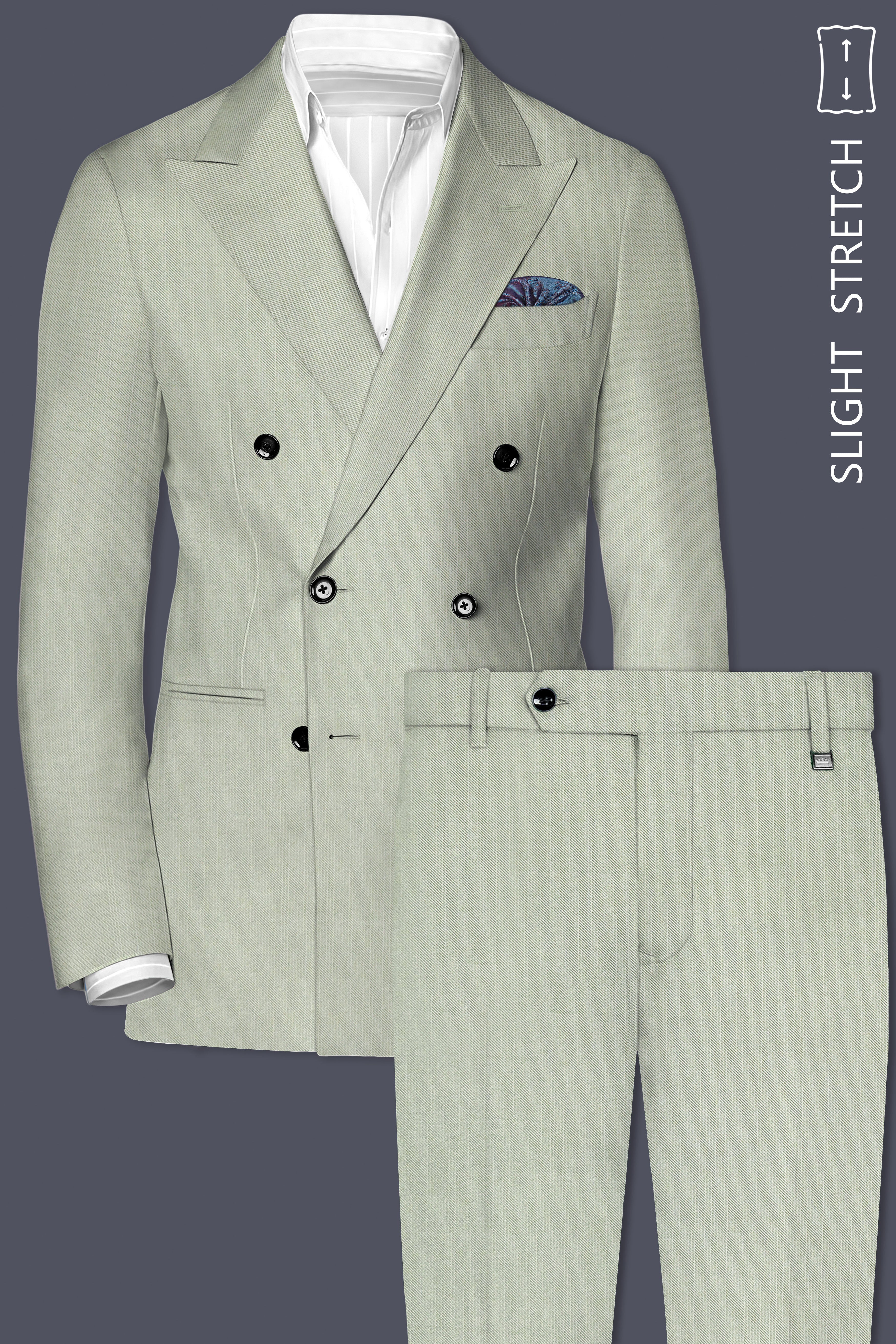 Lichen-Norway Green Solid Wool Rich Double Breasted Slight Stretch Suit