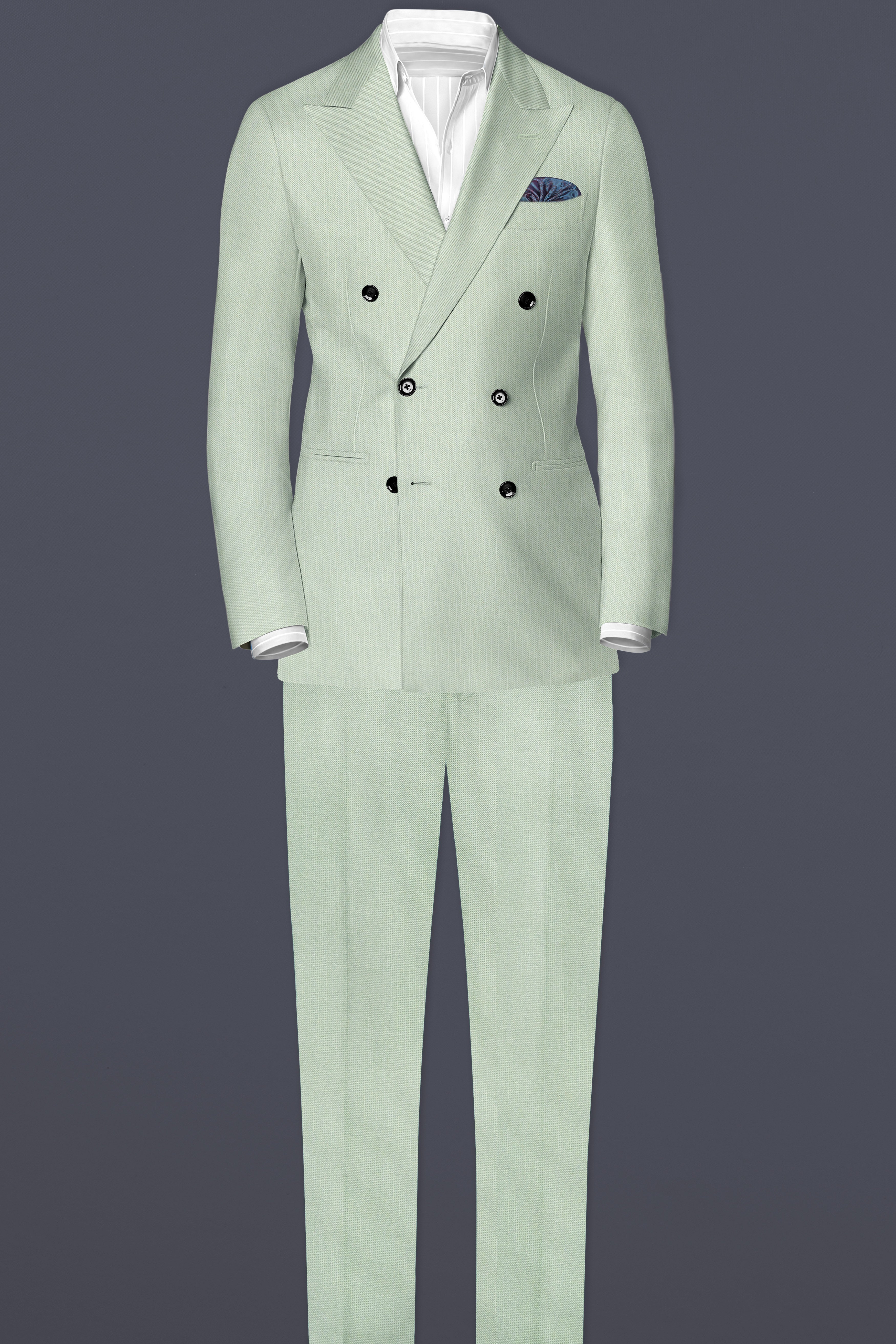 Lichen-Norway Green Solid Wool Rich Double Breasted Slight Stretch Suit