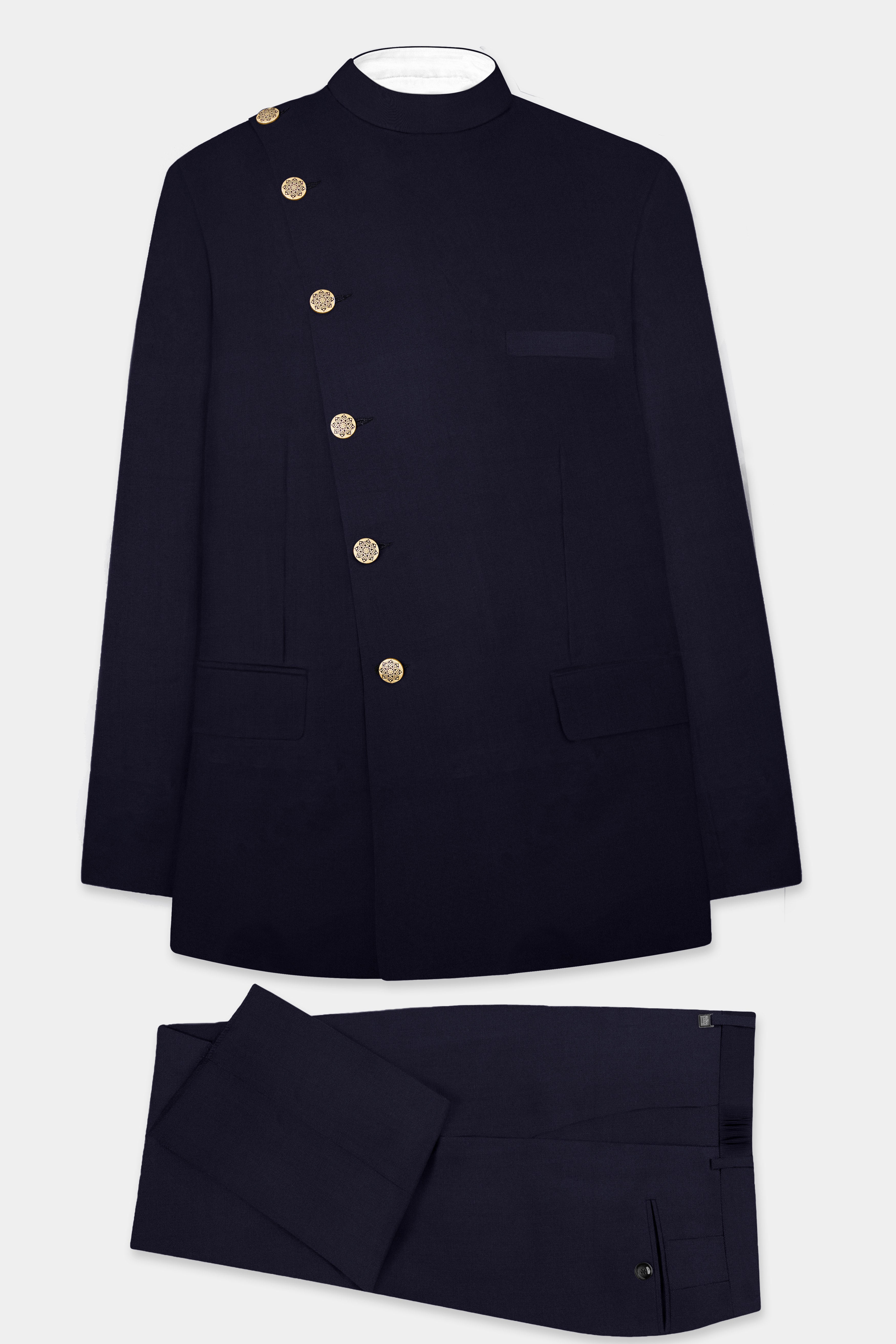 Vulcan Blue Solid Wool Rich Cross Placket Bandhgala Suit