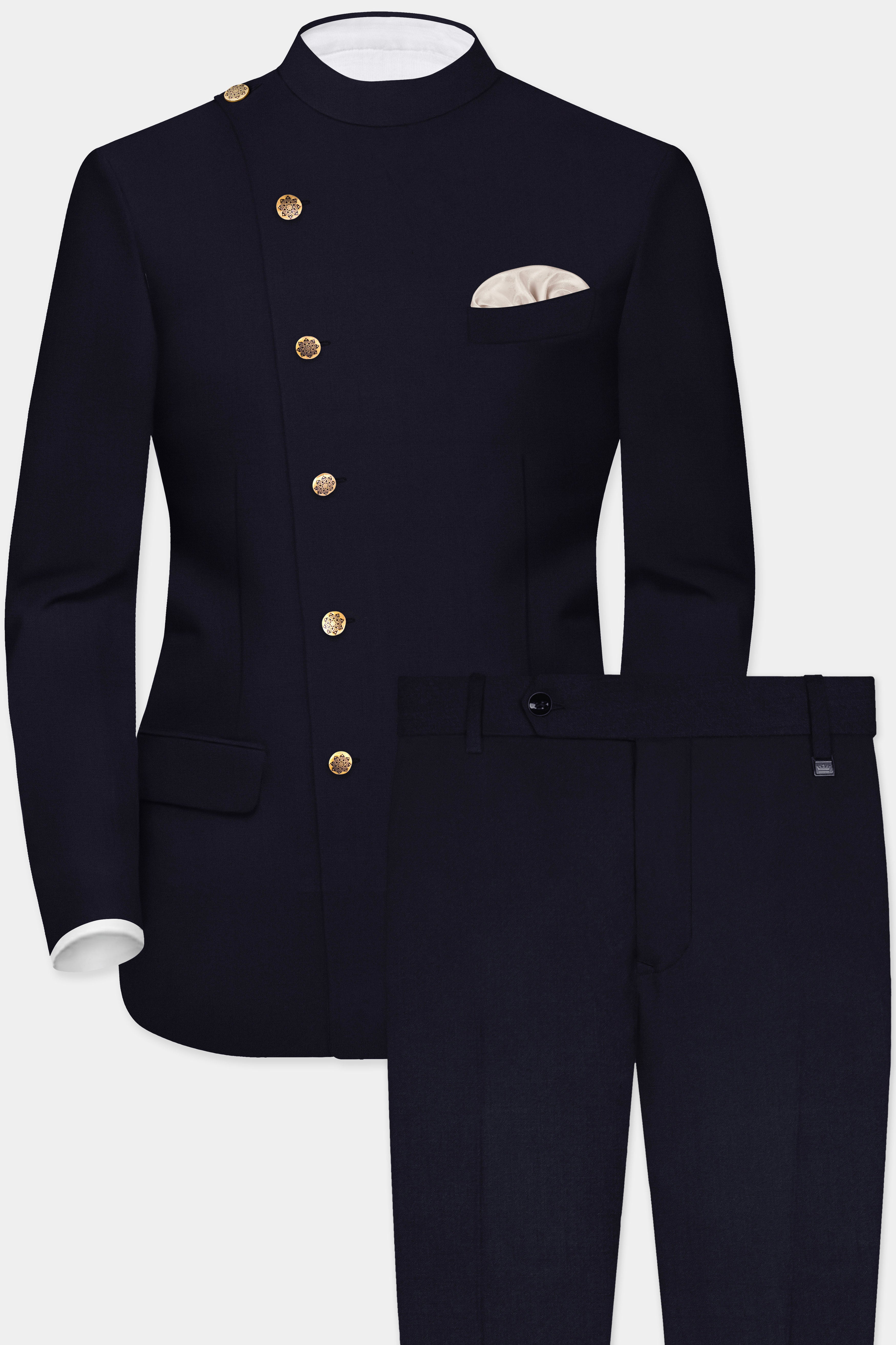 Vulcan Blue Solid Wool Rich Cross Placket Bandhgala Suit