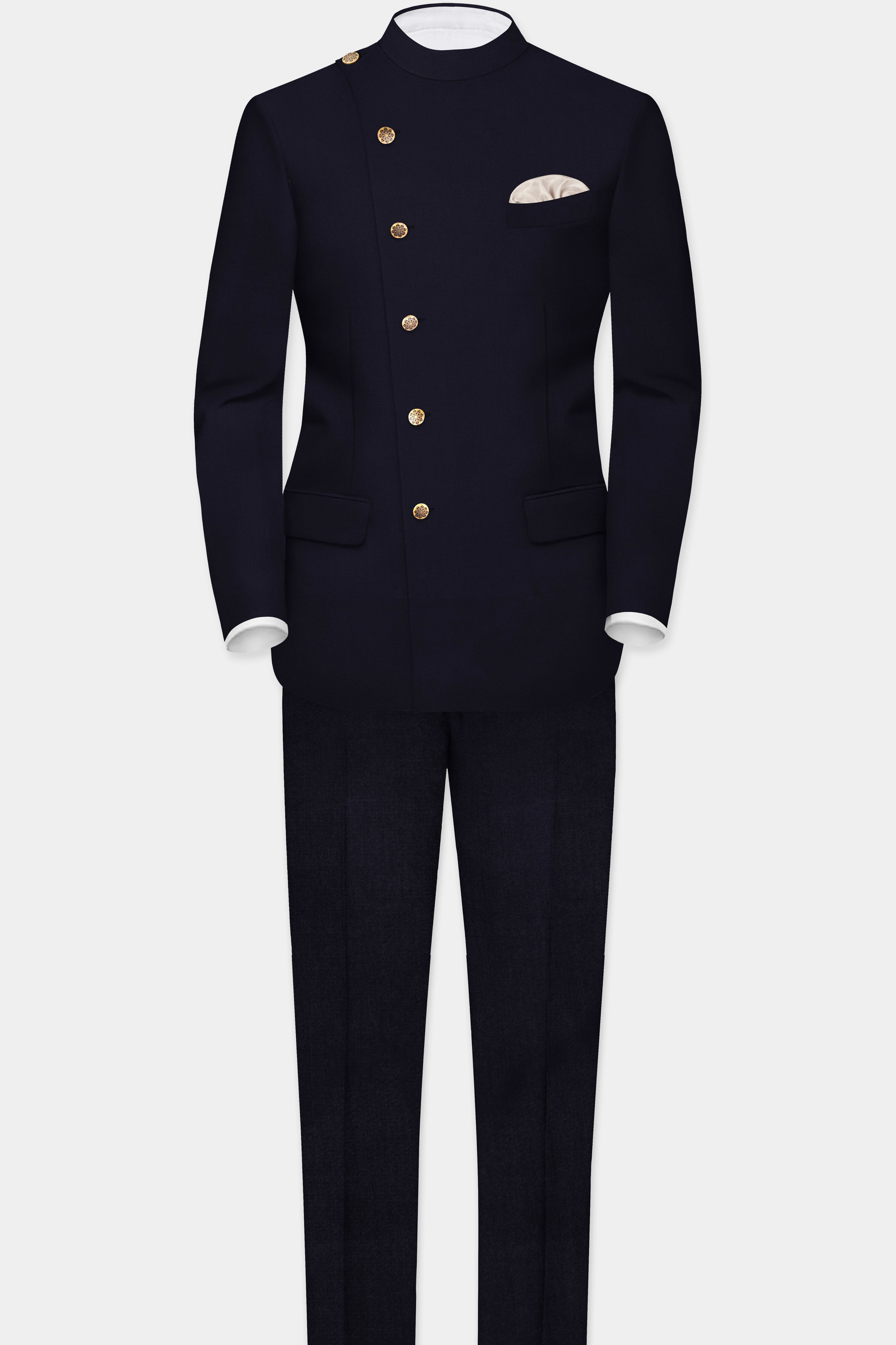 Vulcan Blue Solid Wool Rich Cross Placket Bandhgala Suit