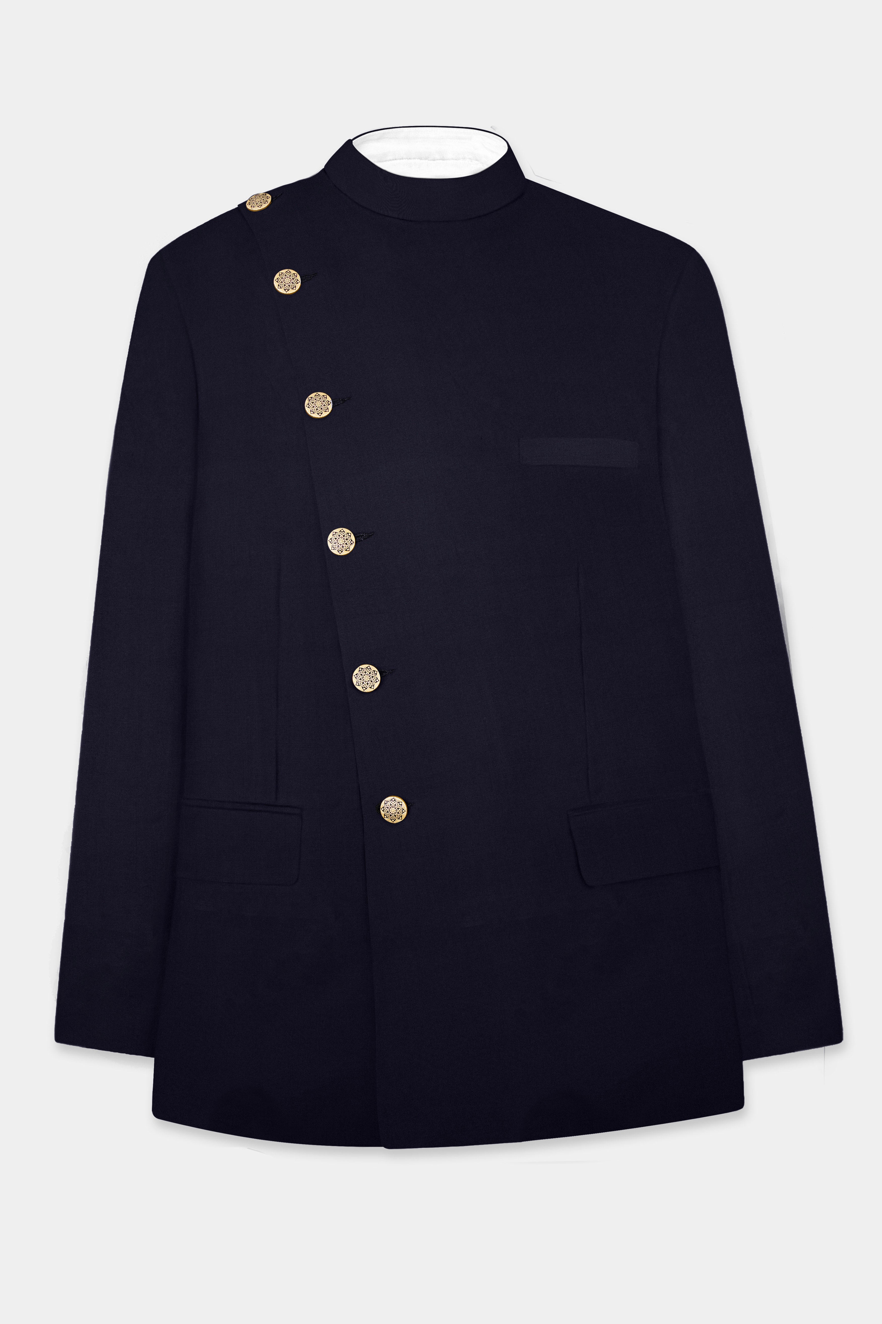 Vulcan Blue Solid Wool Rich Cross Placket Bandhgala Suit