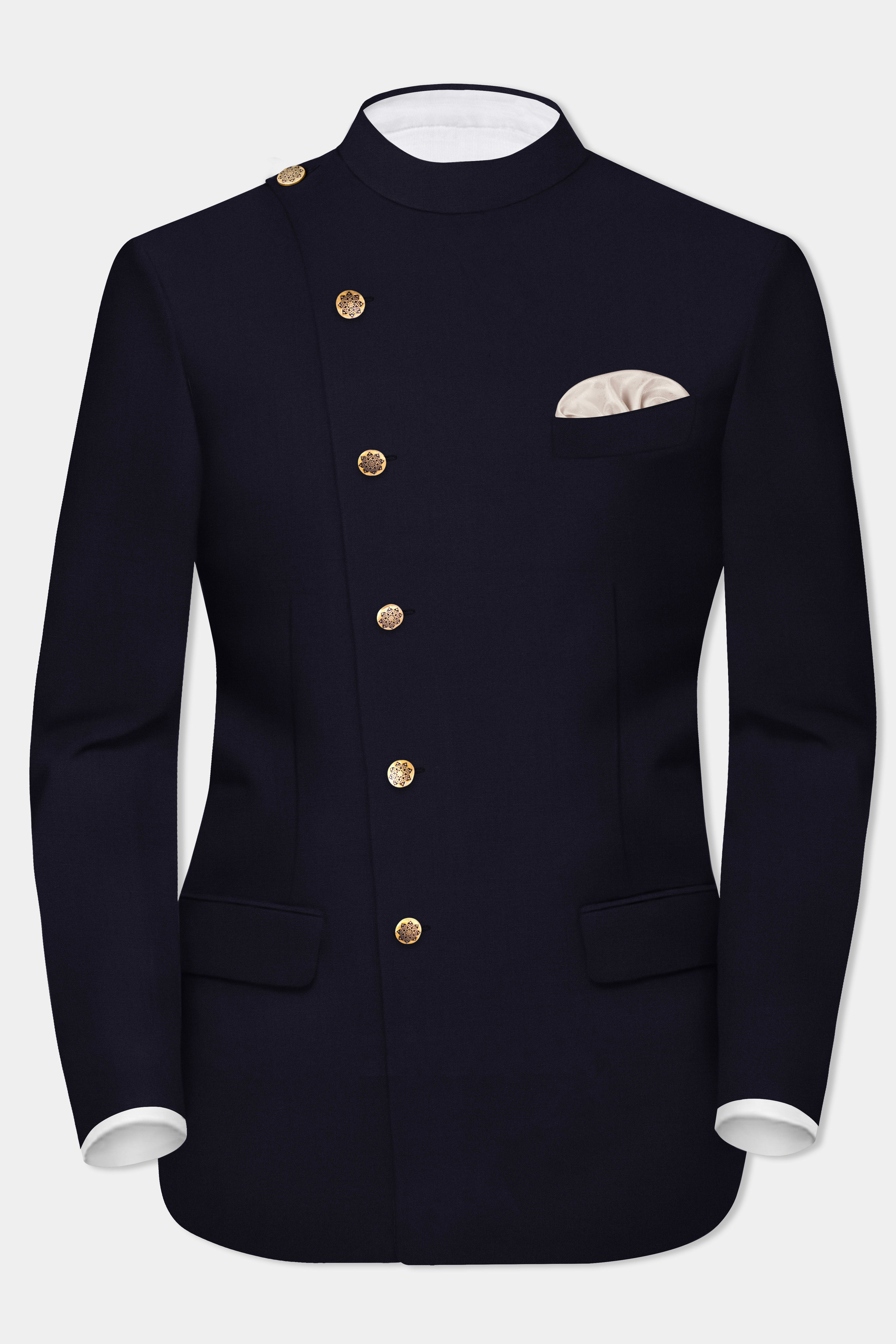 Vulcan Blue Solid Wool Rich Cross Placket Bandhgala Suit