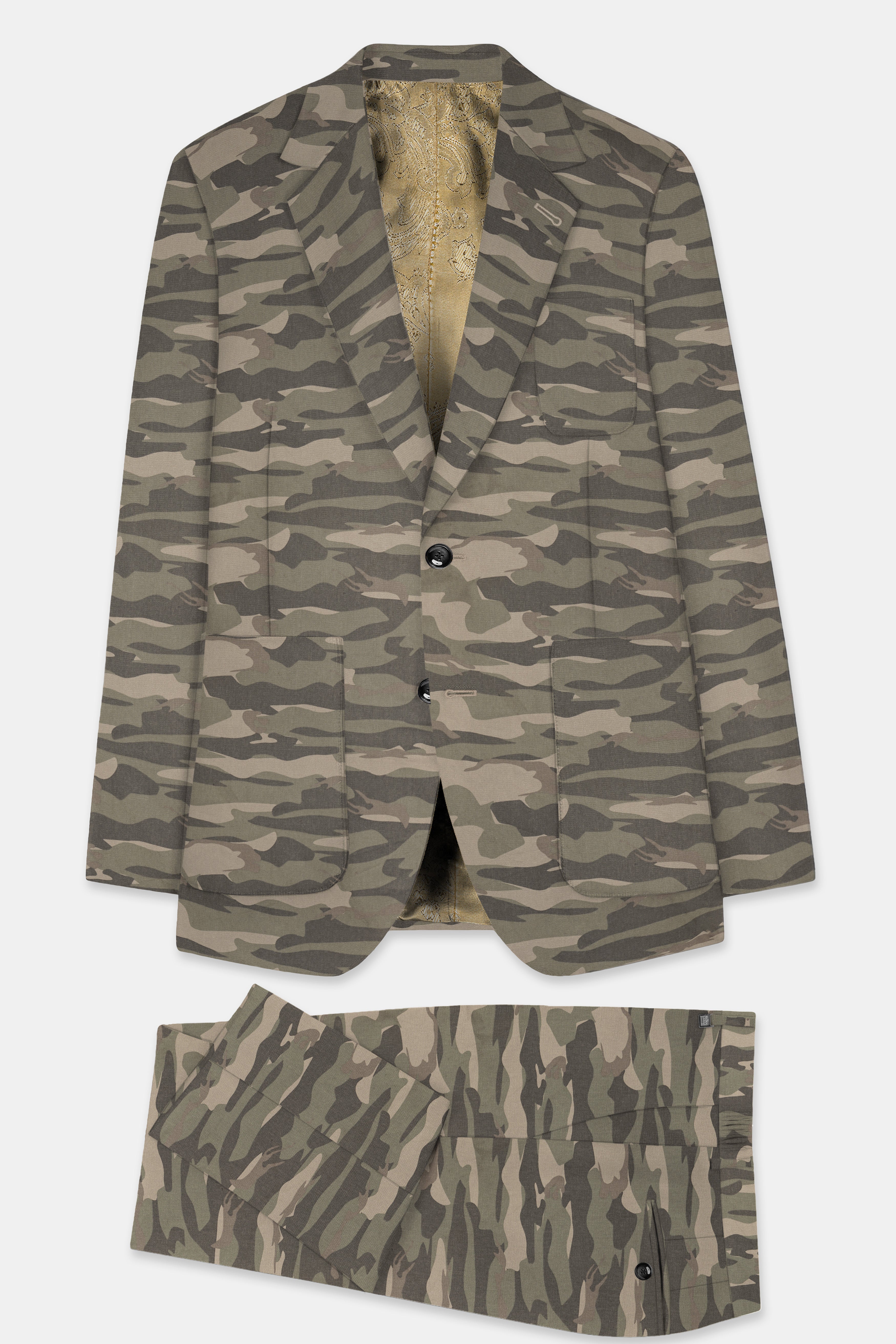 Crocodile Brown And Wenge Camouflage Printed Cotton Single Breasted Sports Suit