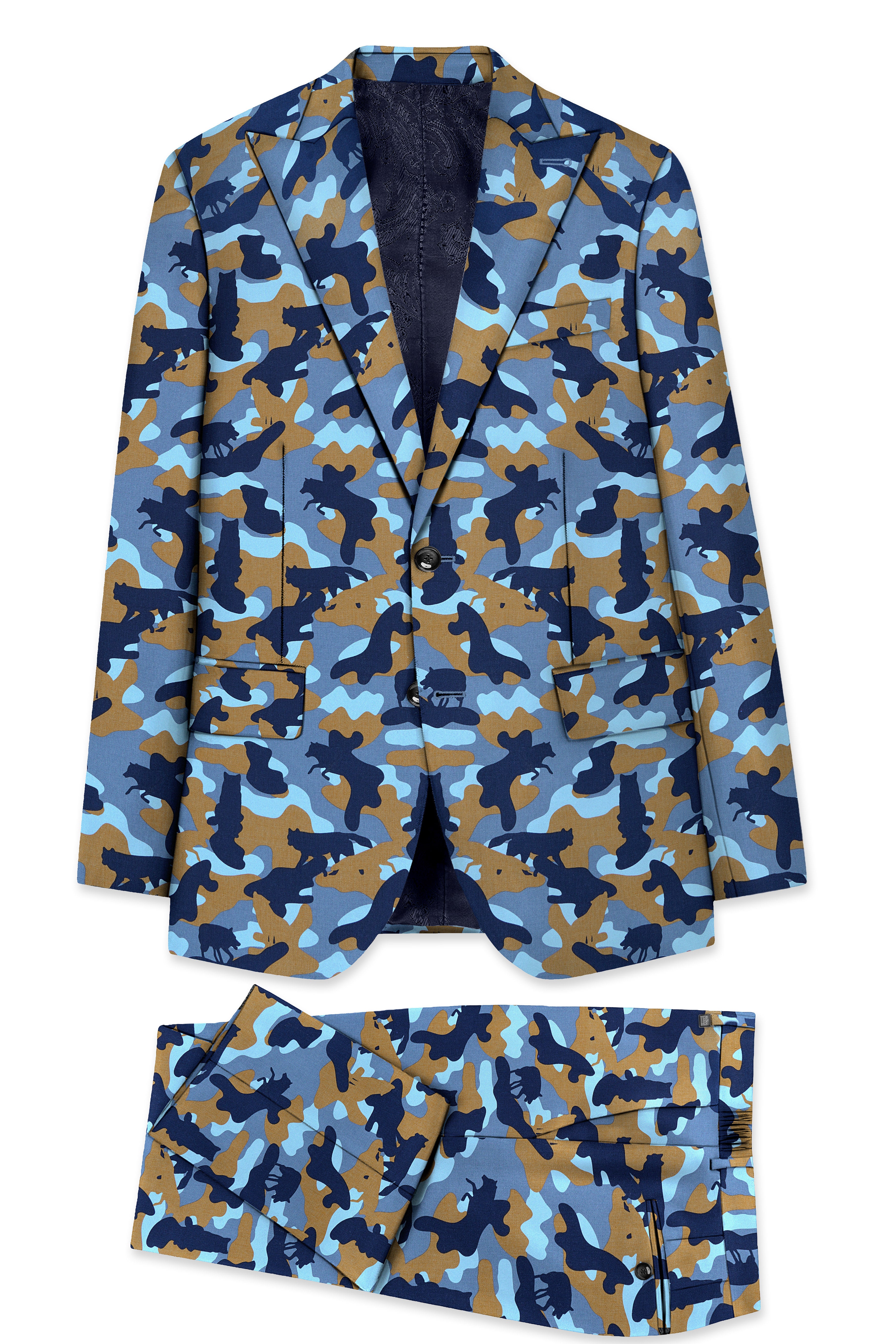 Martinique Blue And Irish Brown Camouflage Printed Single Breasted Suit