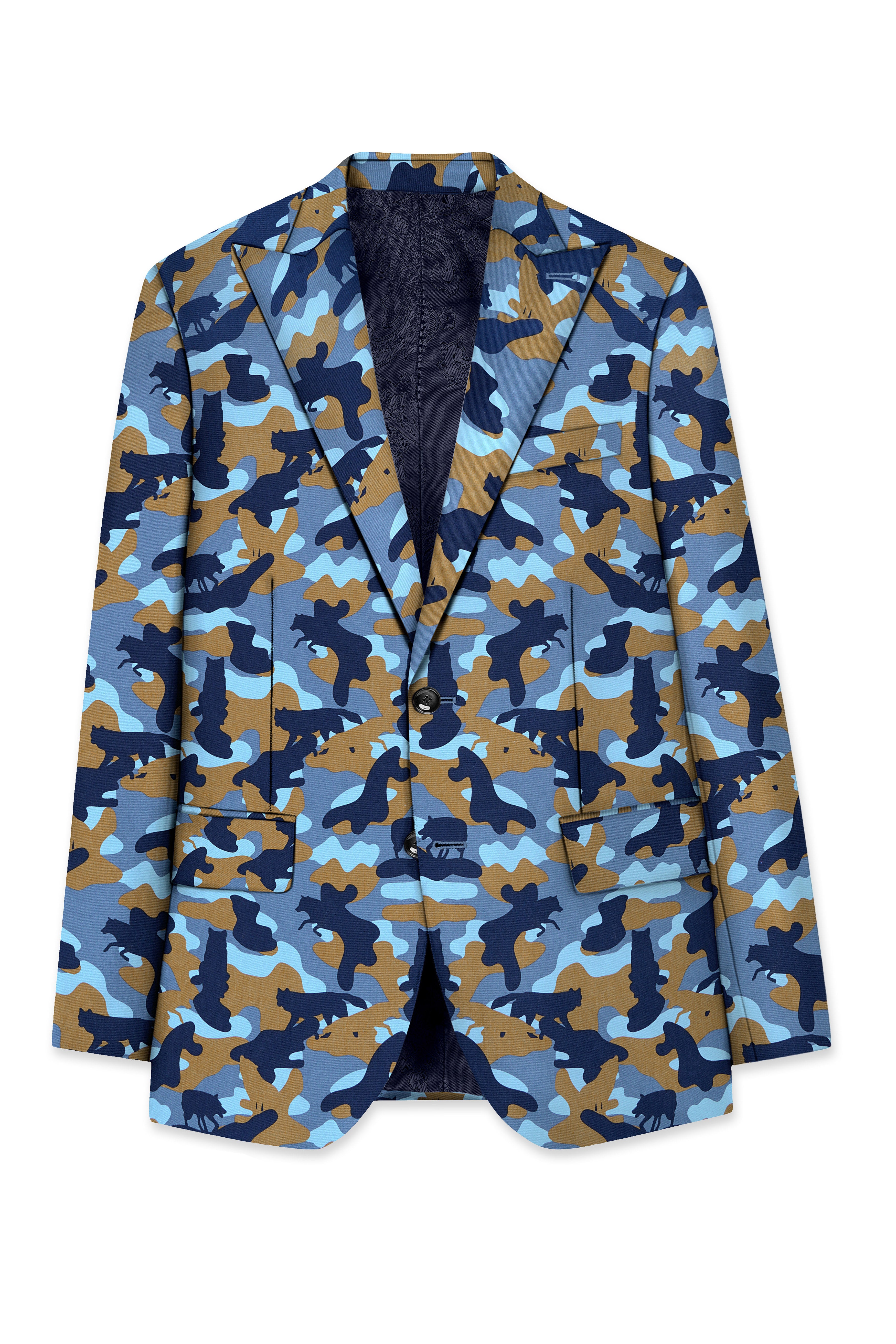 Martinique Blue And Irish Brown Camouflage Printed Single Breasted Suit