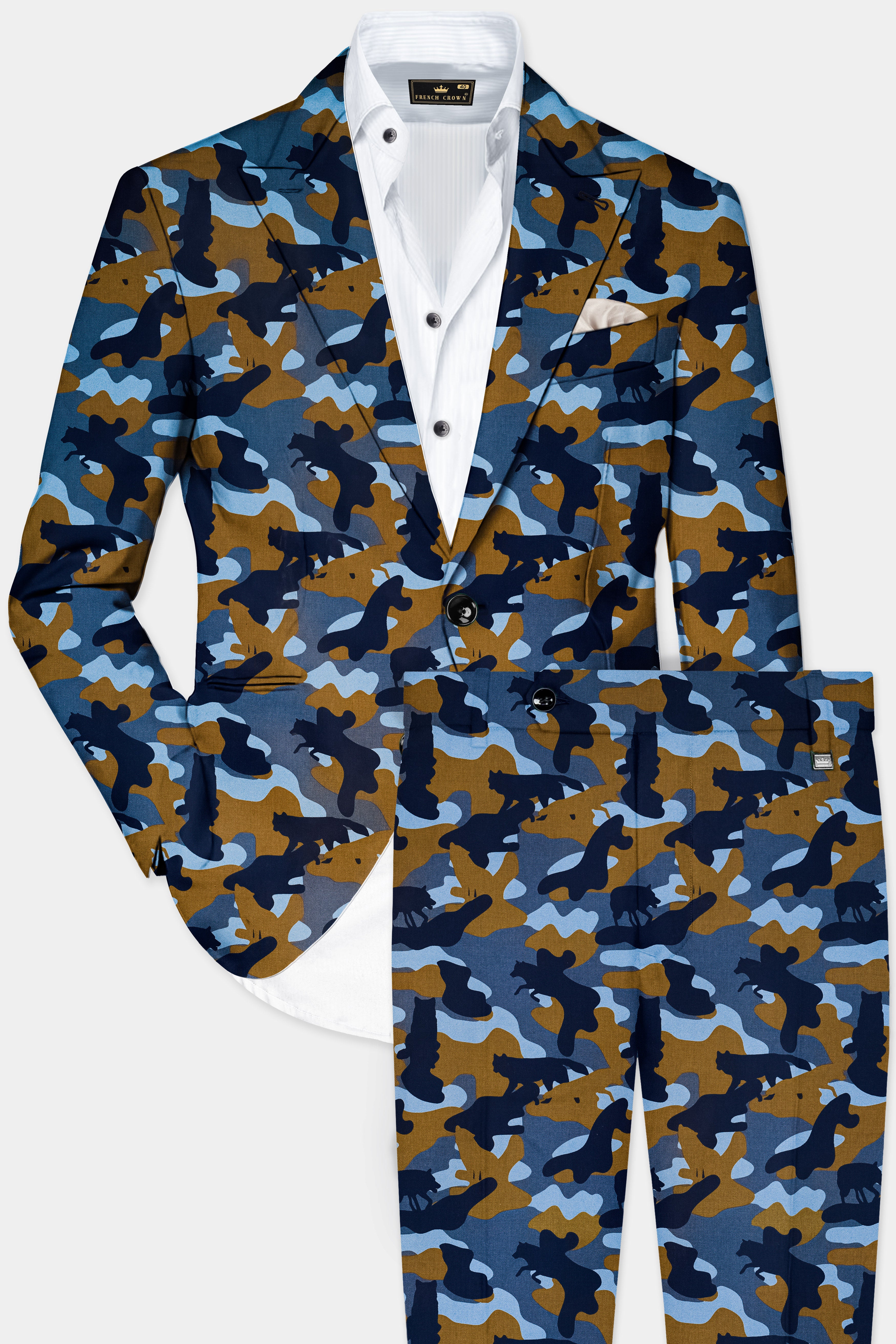 Martinique Blue And Irish Brown Camouflage Printed Single Breasted Suit