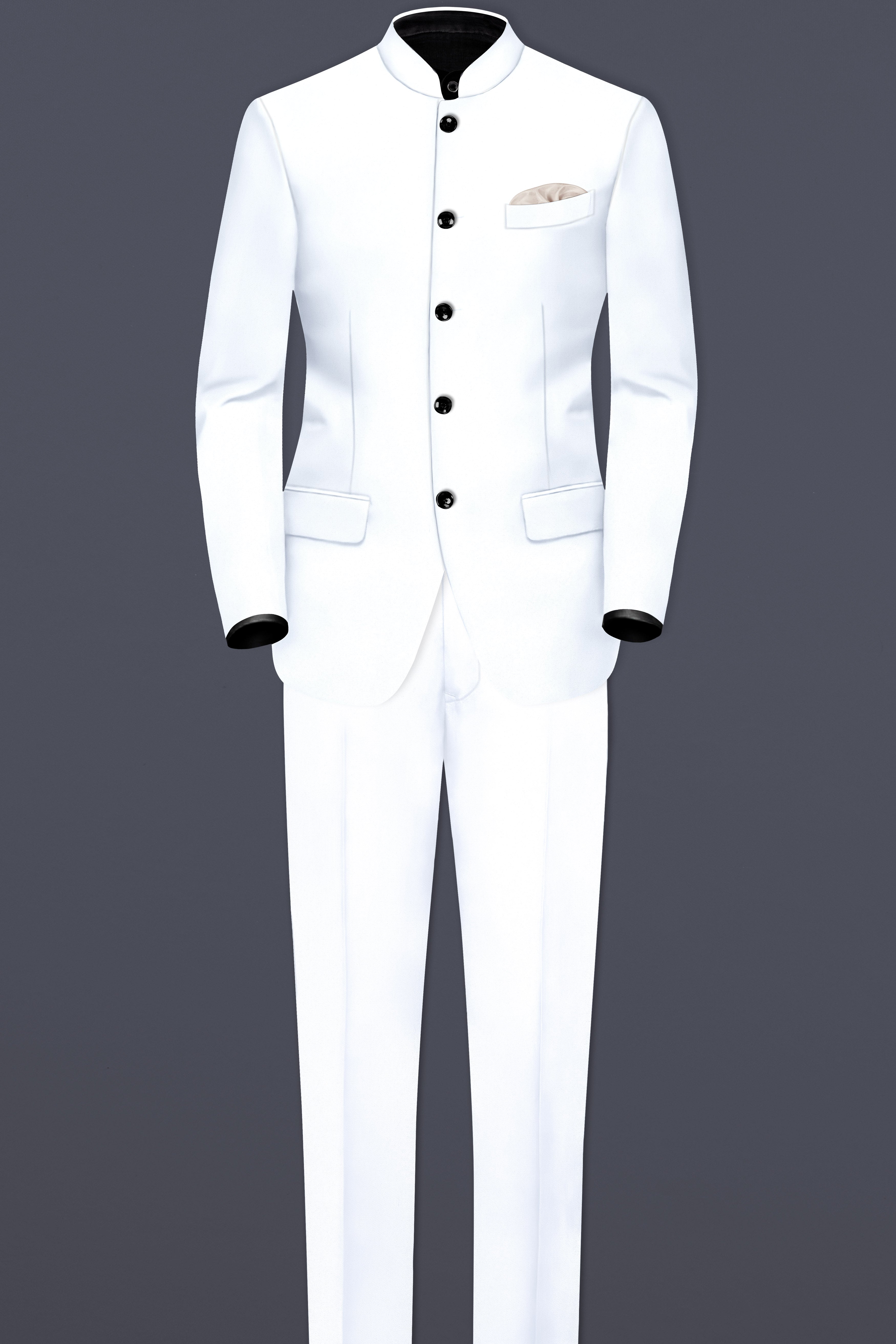 Bright White Solid Wool Rich Bandhgala Stretchable traveler Suit