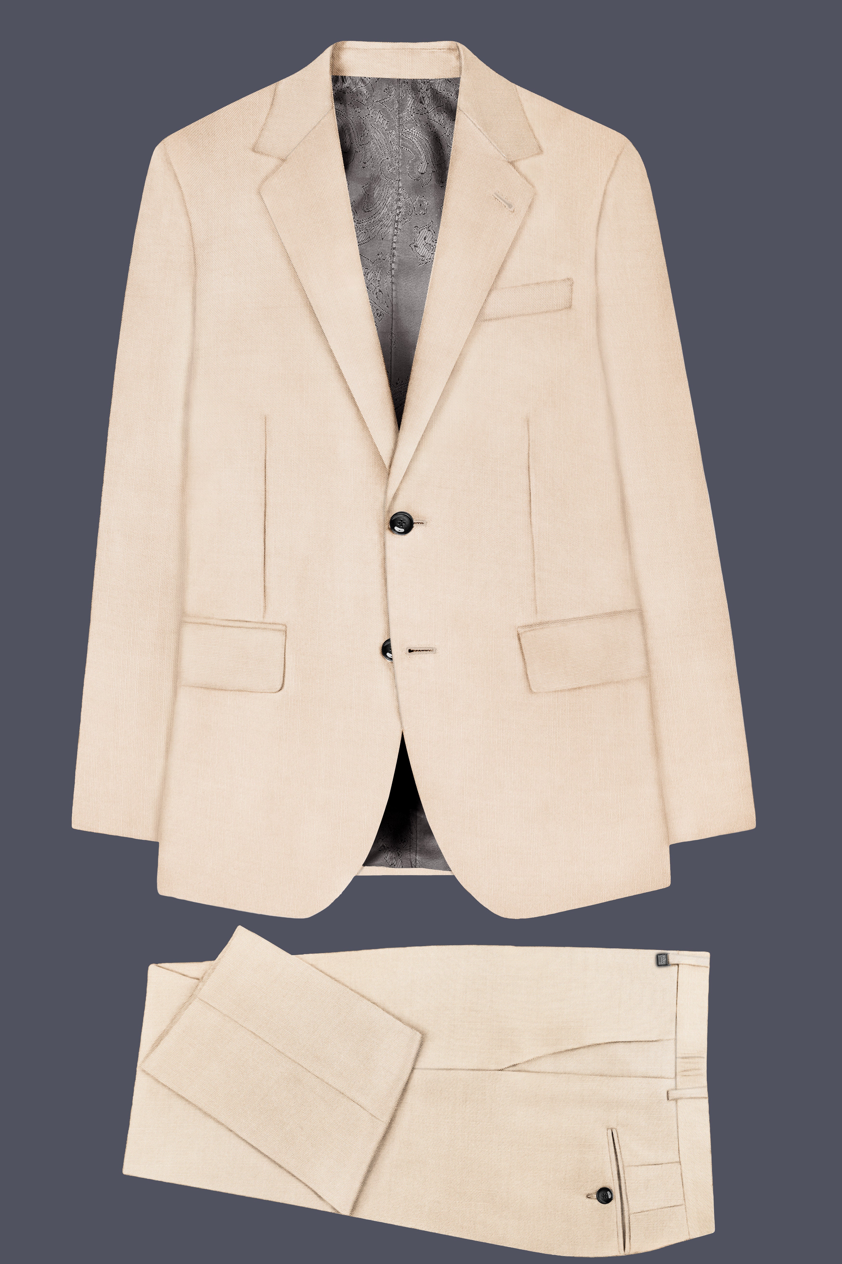 Biscotti-Parchment Cream Solid Wool Rich Single Breasted Slight Stretch Suit