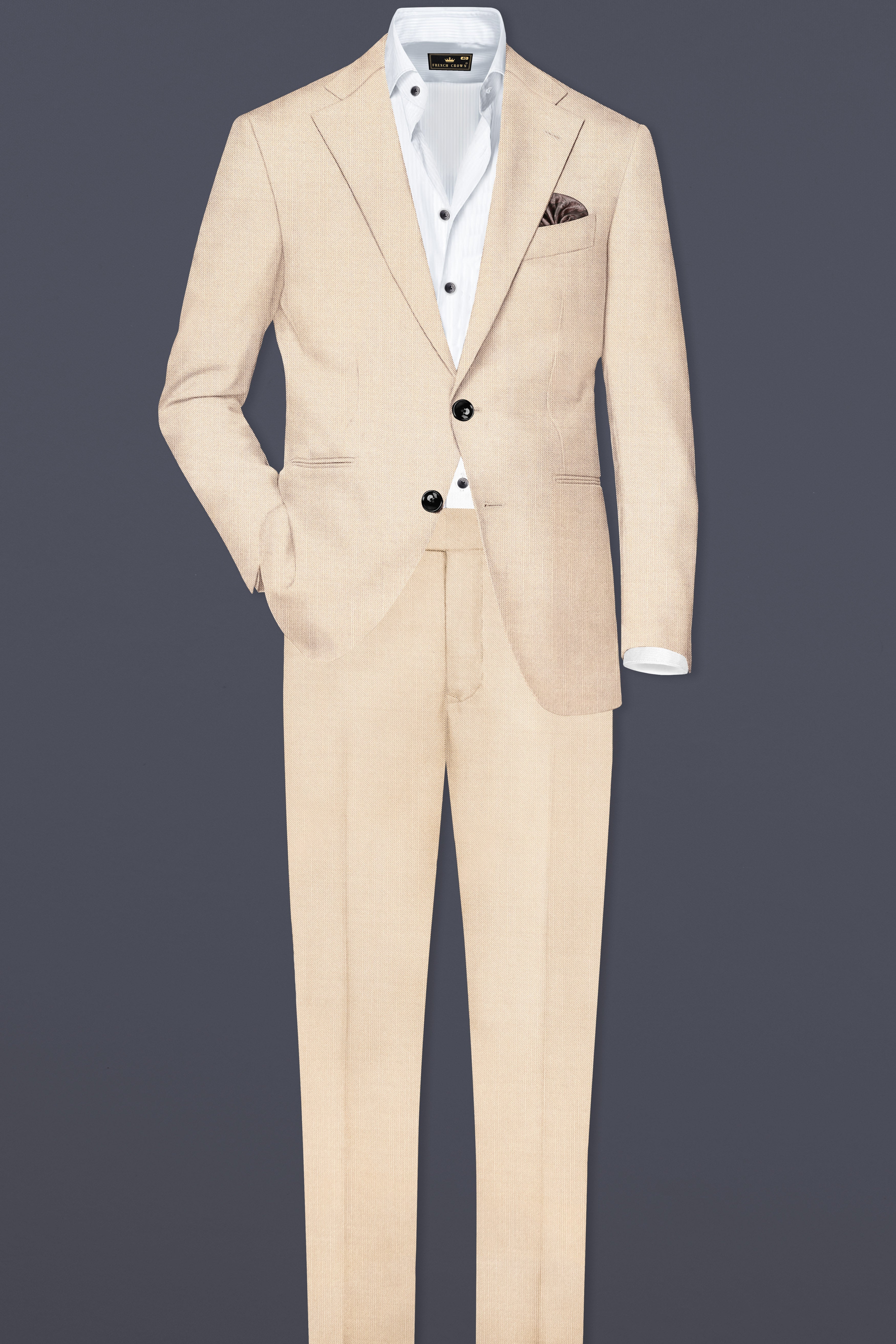 Biscotti-Parchment Cream Solid Wool Rich Single Breasted Stretchable traveler Suit