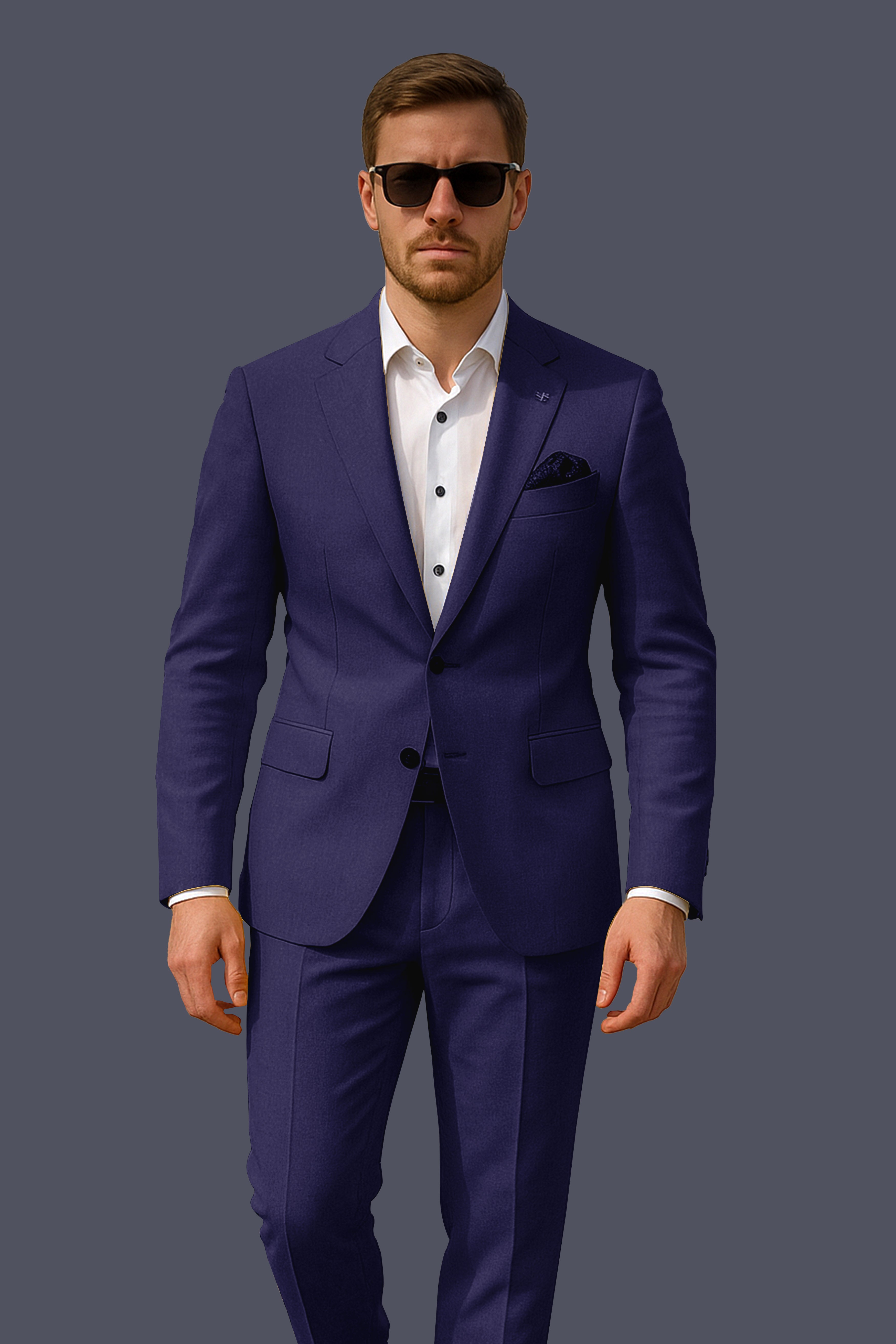 Triton-Martinique Blue Solid Wool Rich Single Breasted Stretchable traveler Suit