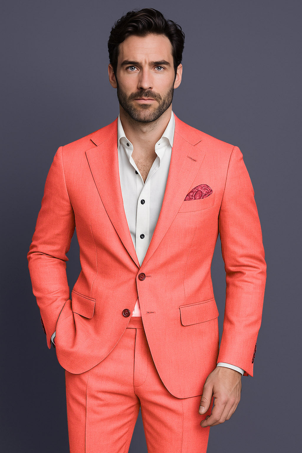 Aurora-Salmon Orange Solid Wool Rich Single Breasted Slight Stretch Suit