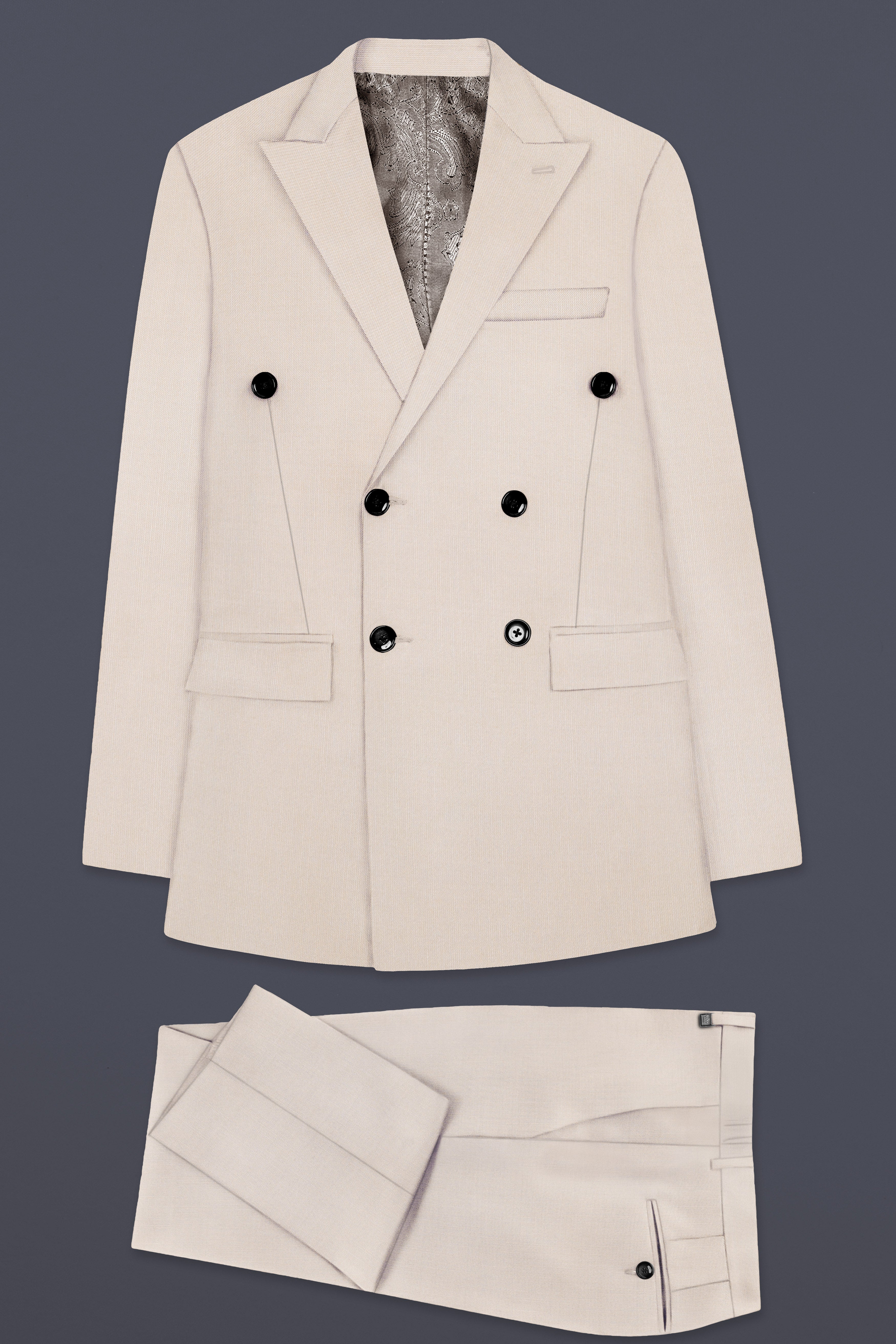 Velivon-Bizarre Cream Solid Wool Rich Double Breasted Stretchable traveler Suit