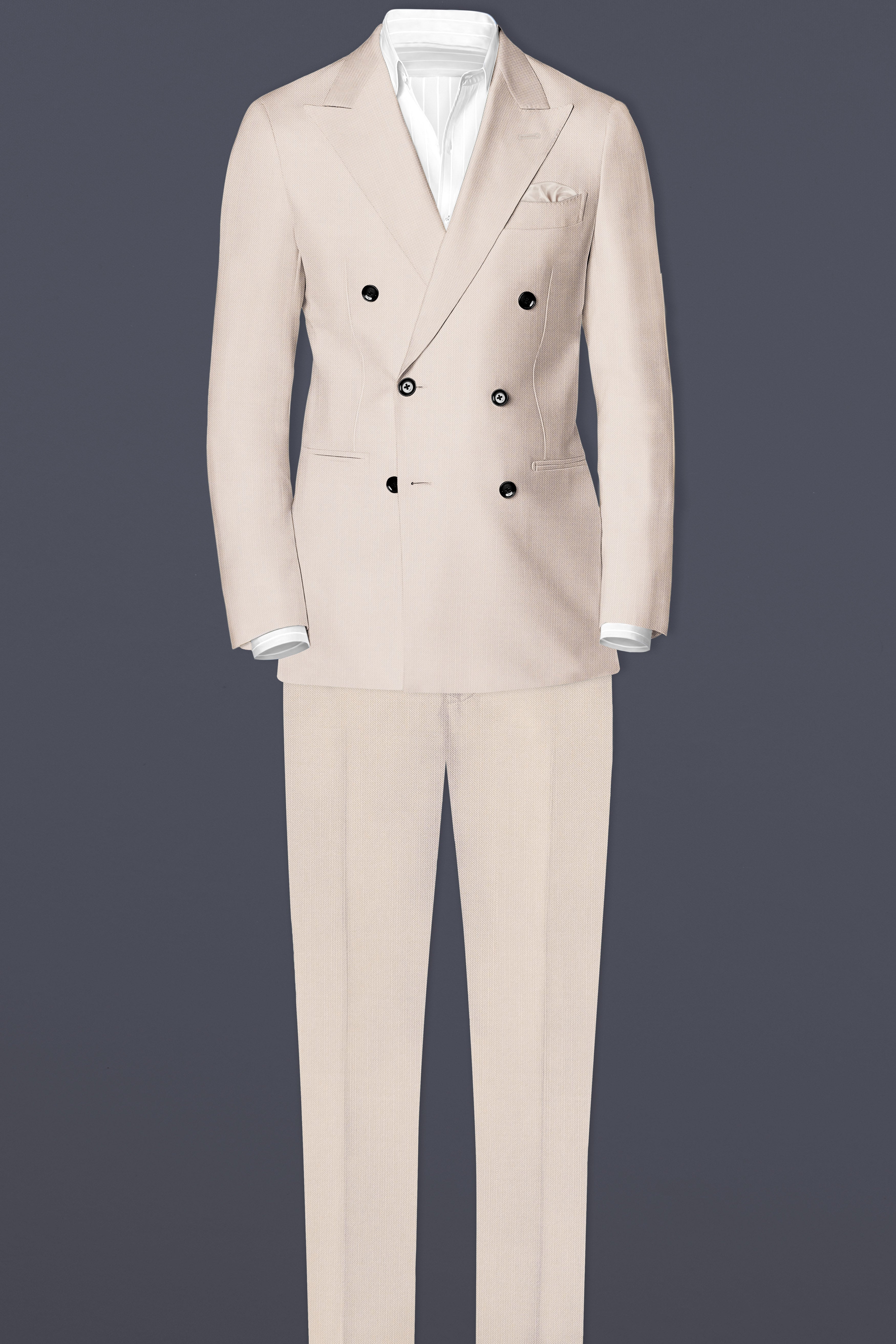 Velivon-Bizarre Cream Solid Wool Rich Double Breasted Stretchable traveler Suit