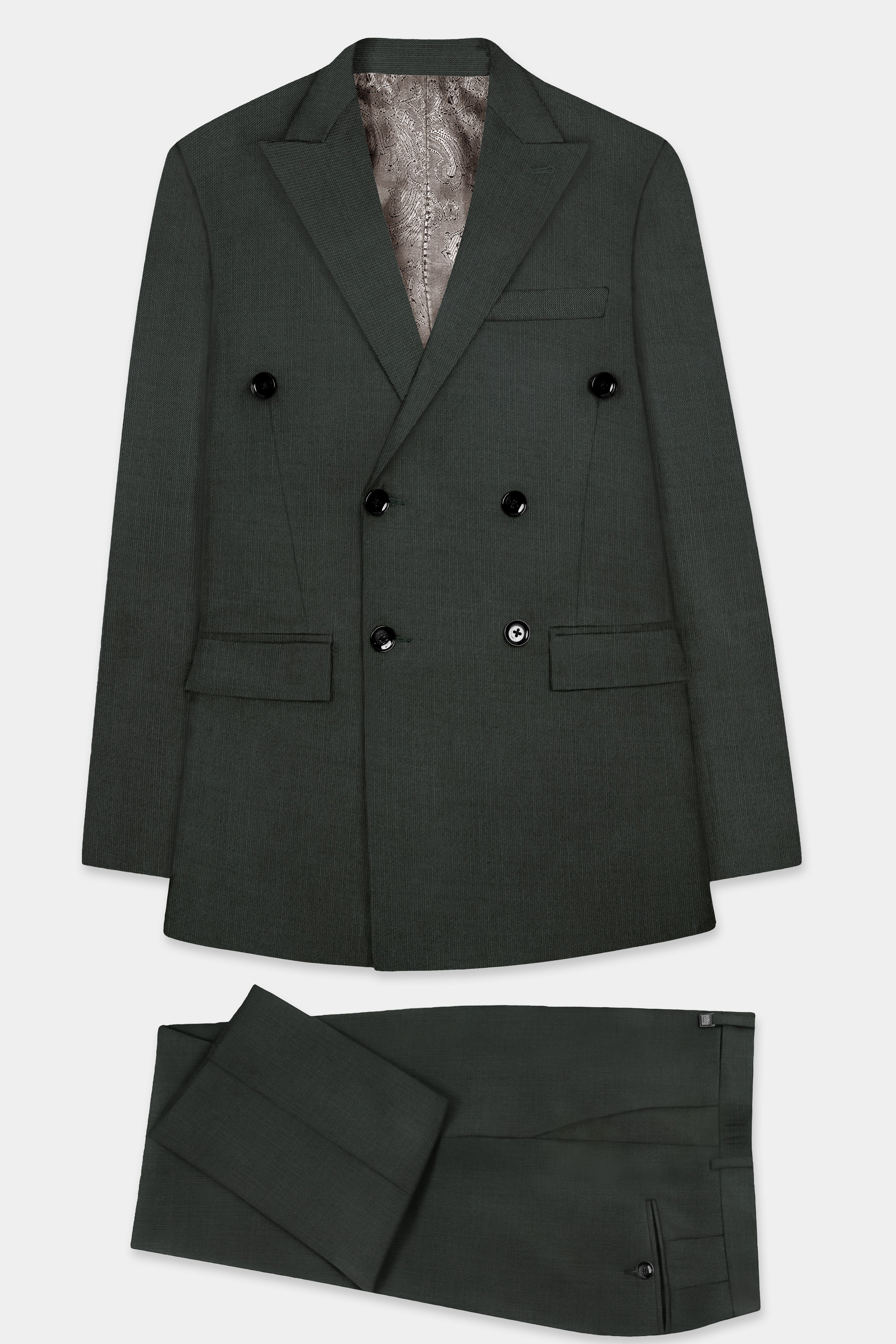 Shafton-Mine Shaft Green Solid Wool Rich Double Breasted Slight Stretch Suit