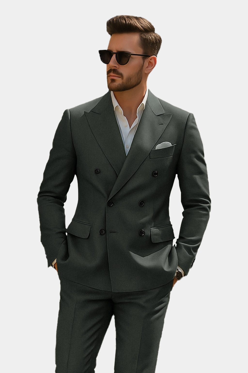 Shafton-Mine Shaft Green Solid Wool Rich Double Breasted Stretchable traveler Suit