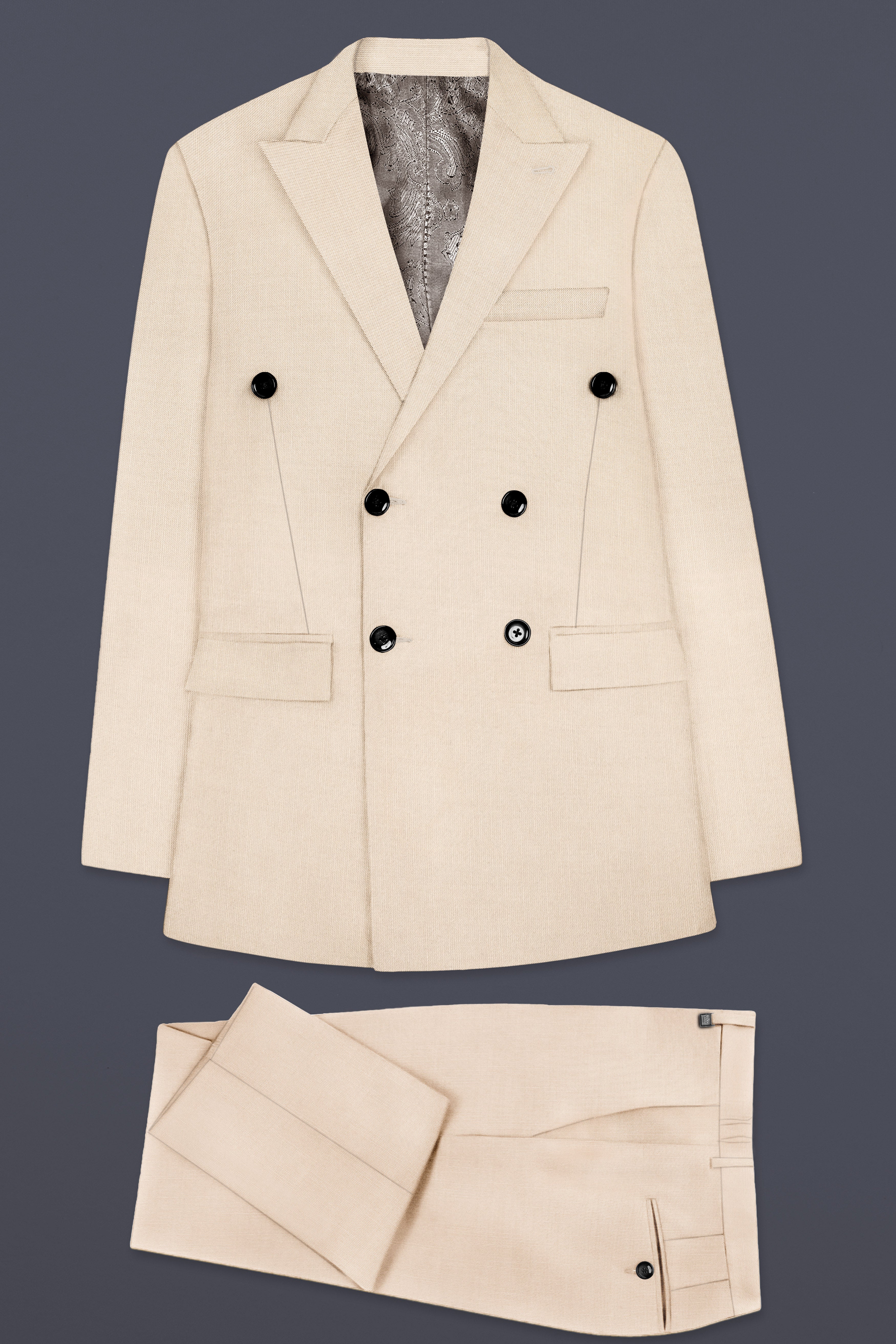 Biscotti-Parchment Cream Solid Wool Rich Double Breasted Stretchable traveler Suit