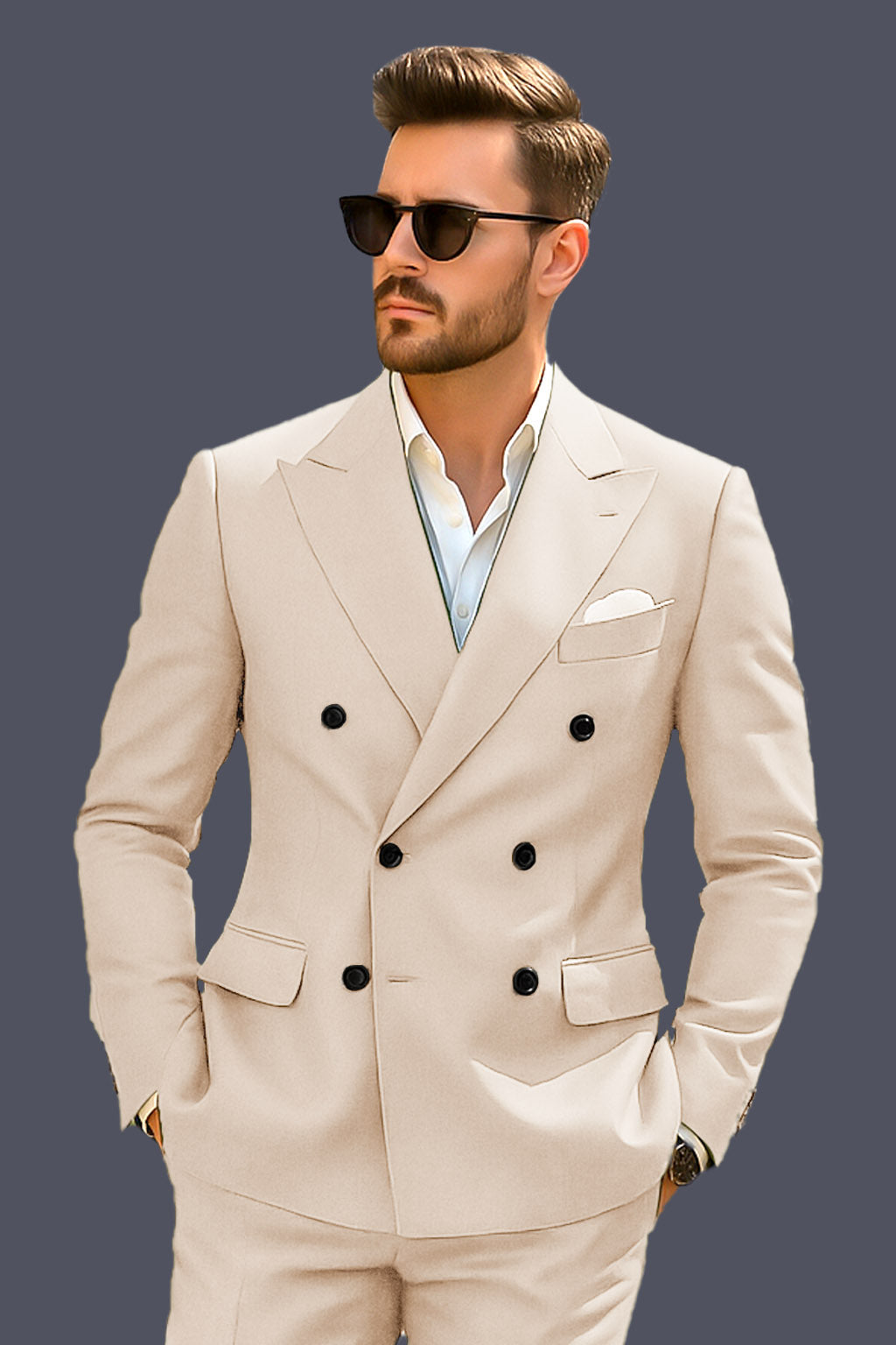 Biscotti-Parchment Cream Solid Wool Rich Double Breasted Stretchable traveler Suit