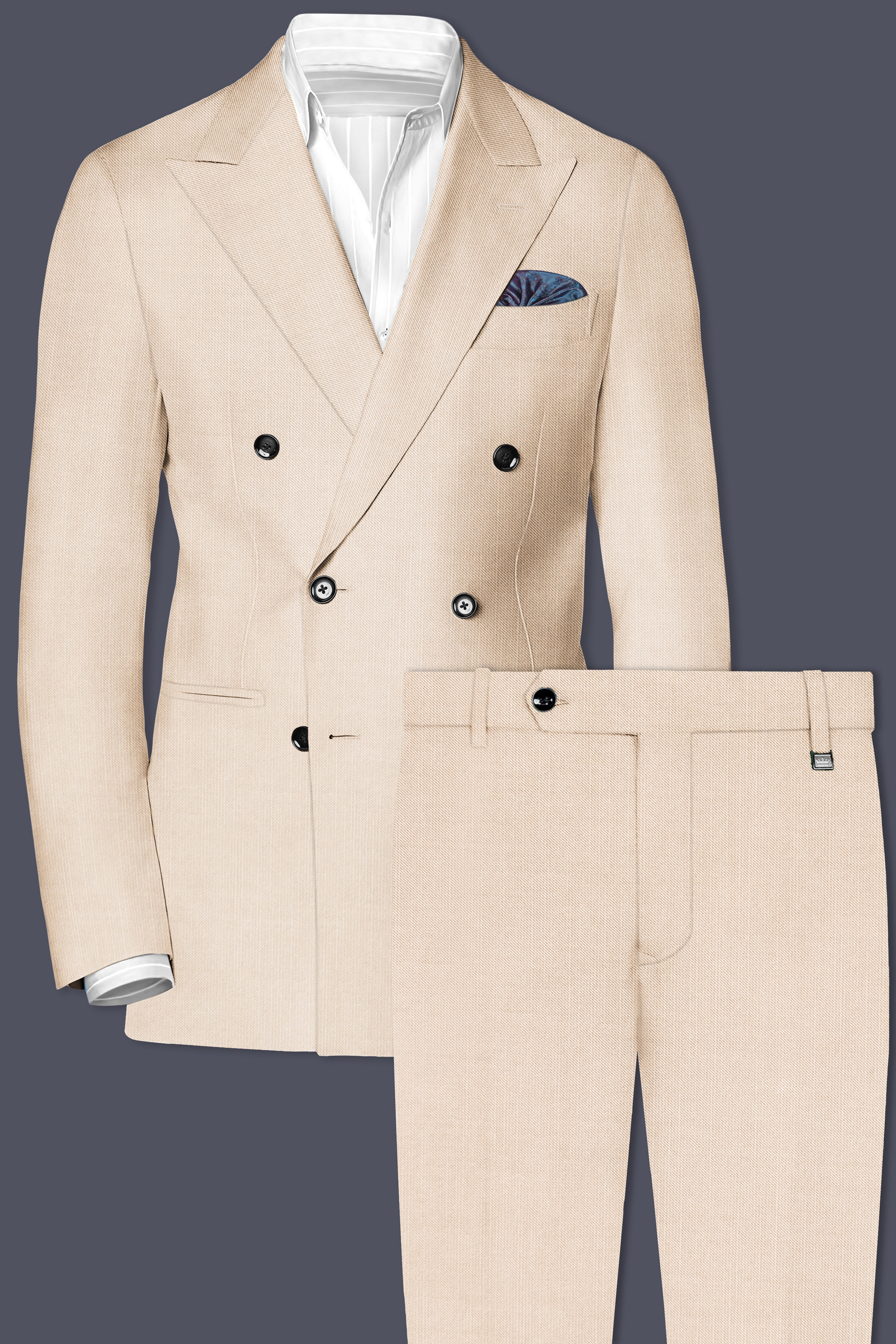 Biscotti-Parchment Cream Solid Wool Rich Double Breasted Slight Stretch Suit