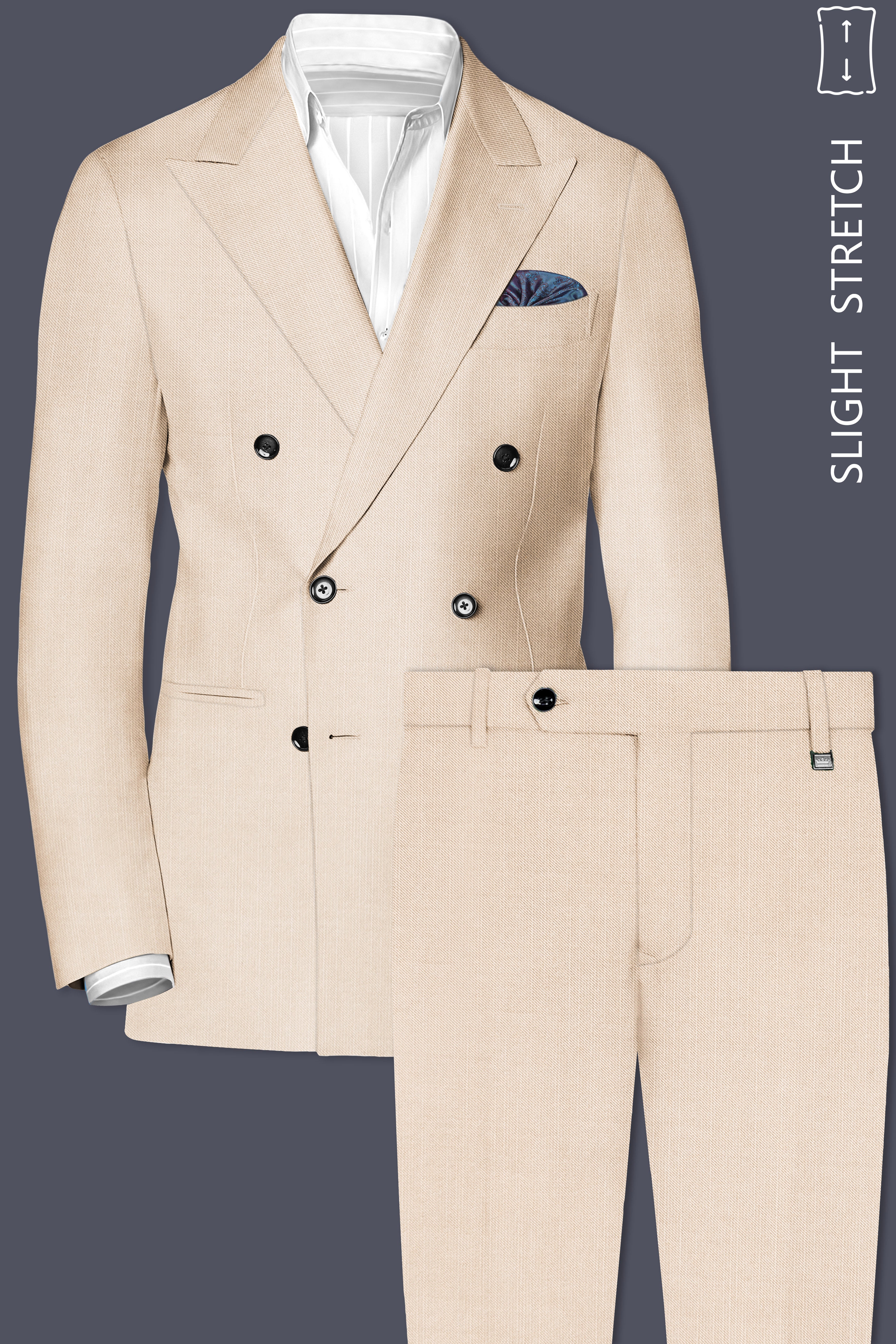 Biscotti-Parchment Cream Solid Wool Rich Double Breasted Slight Stretch Suit