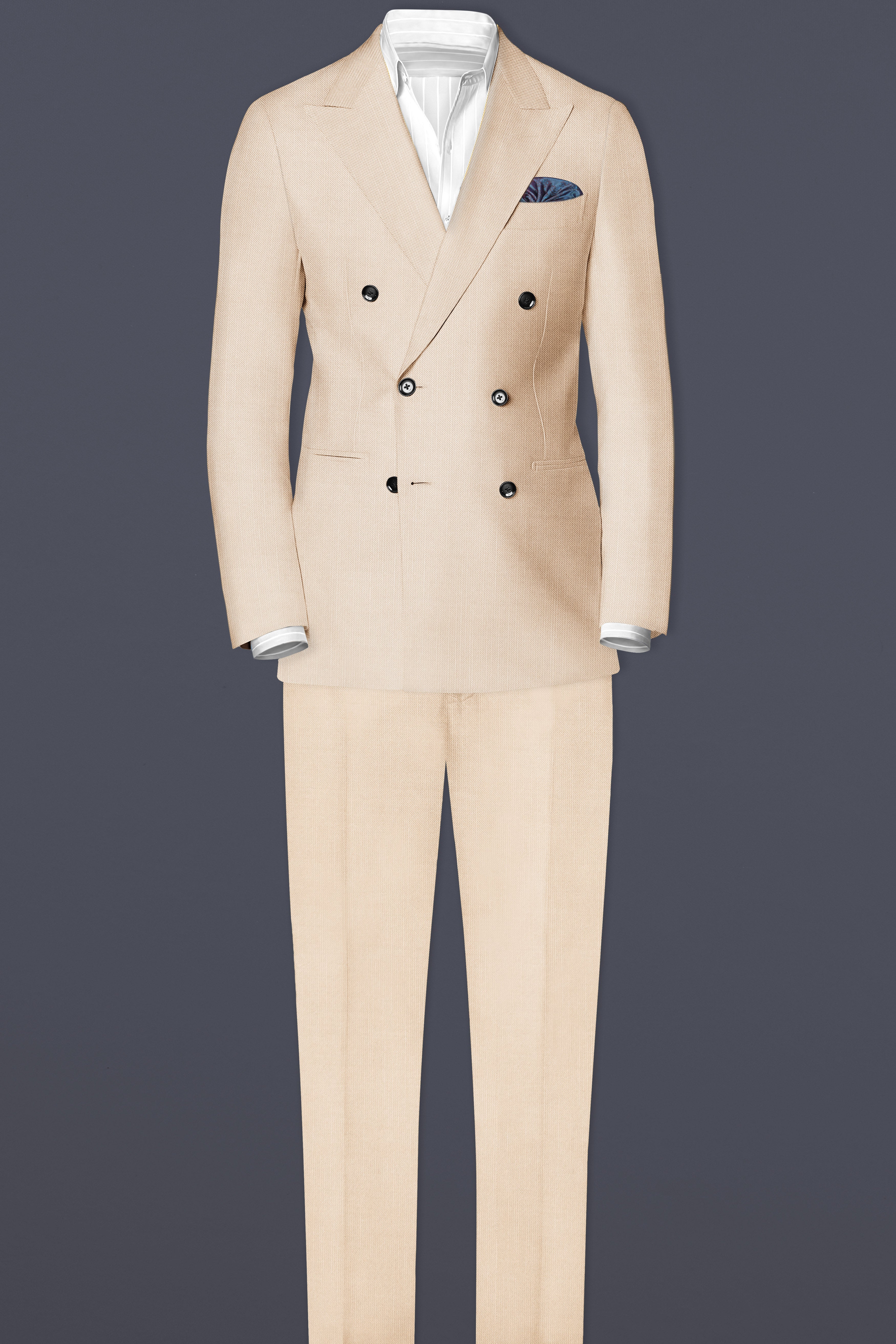 Biscotti-Parchment Cream Solid Wool Rich Double Breasted Stretchable traveler Suit