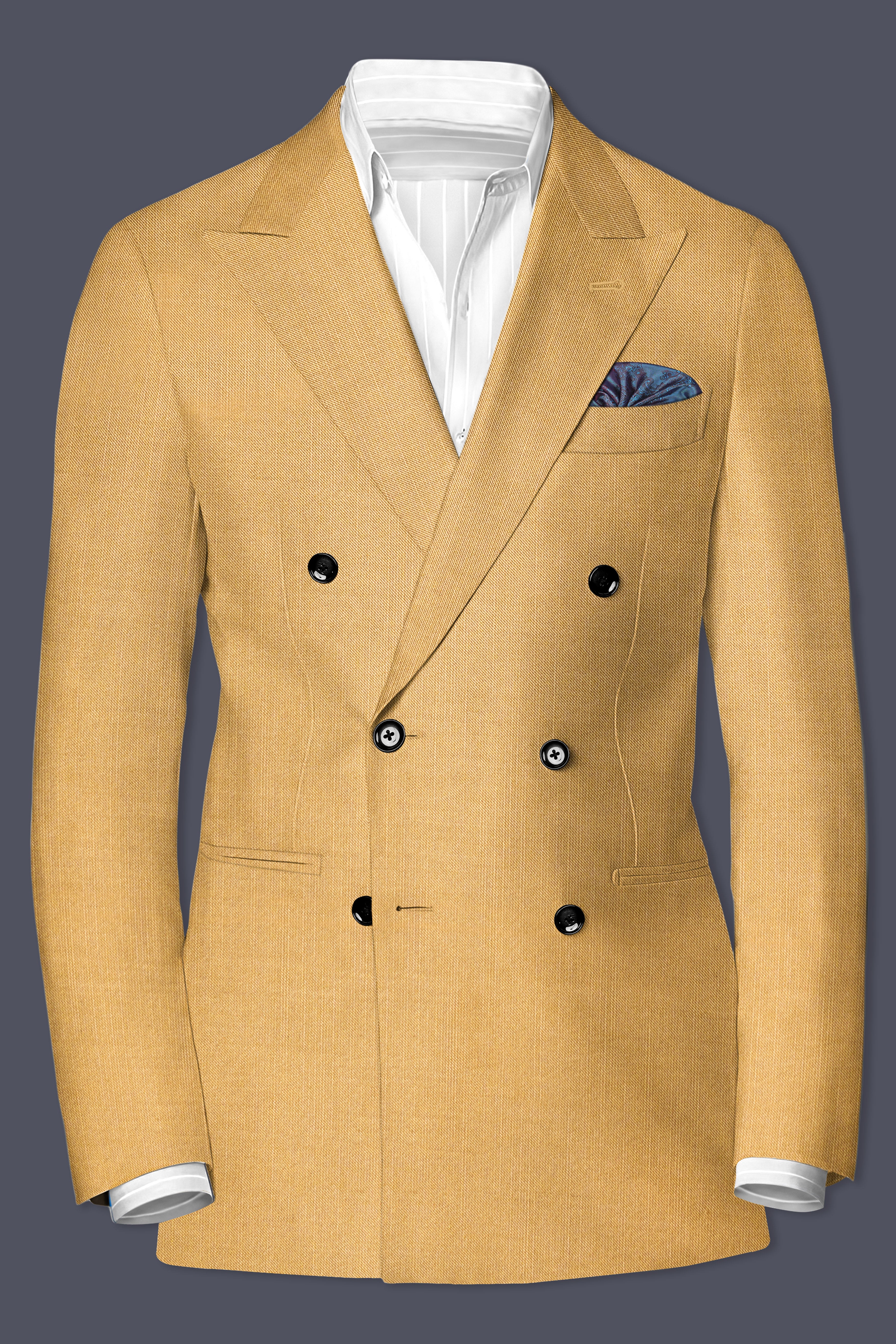 Marula-Desert Yellow Solid Wool Rich Double Breasted Stretchable traveler Suit