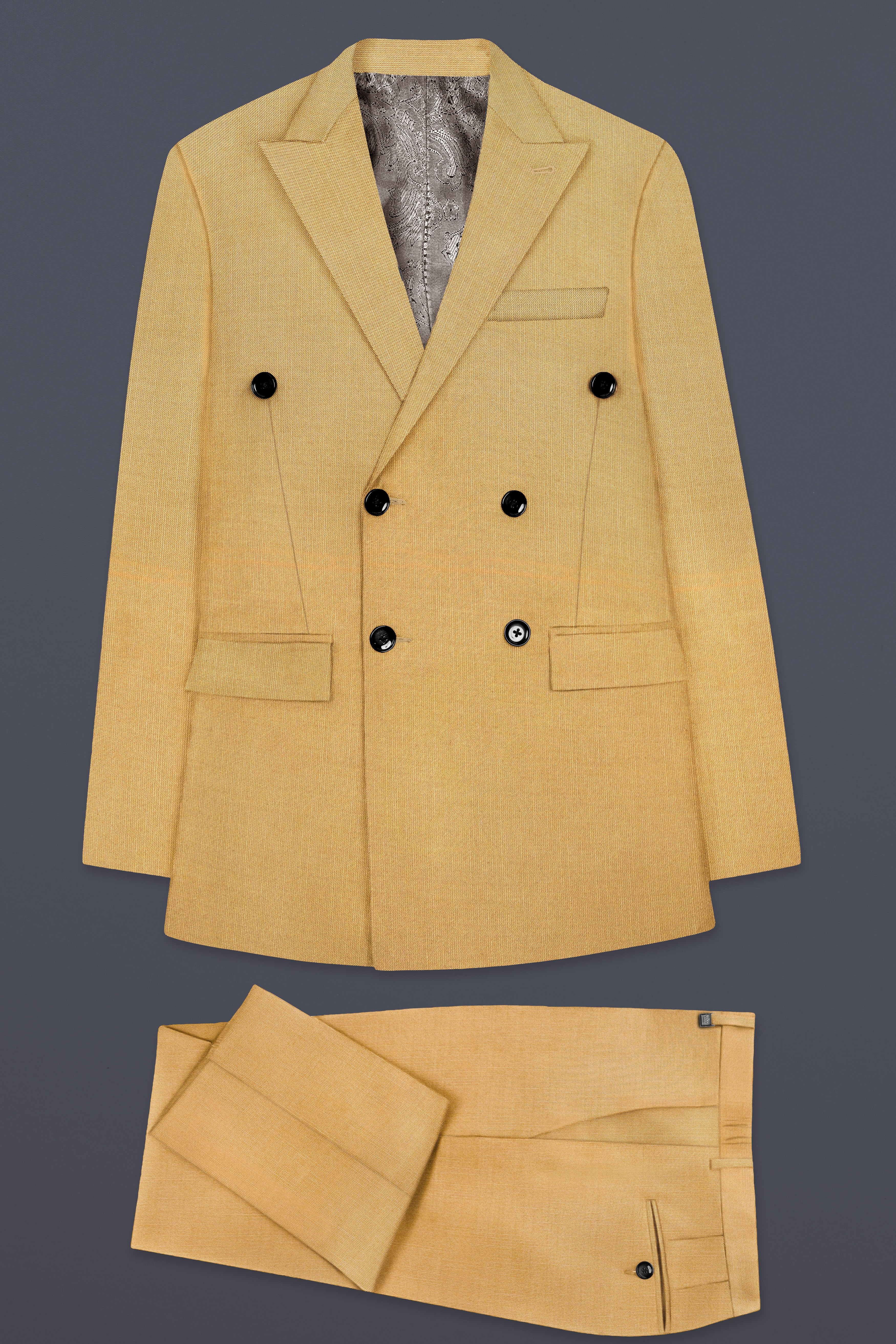 Marula-Desert Yellow Solid Wool Rich Double Breasted Stretchable traveler Suit