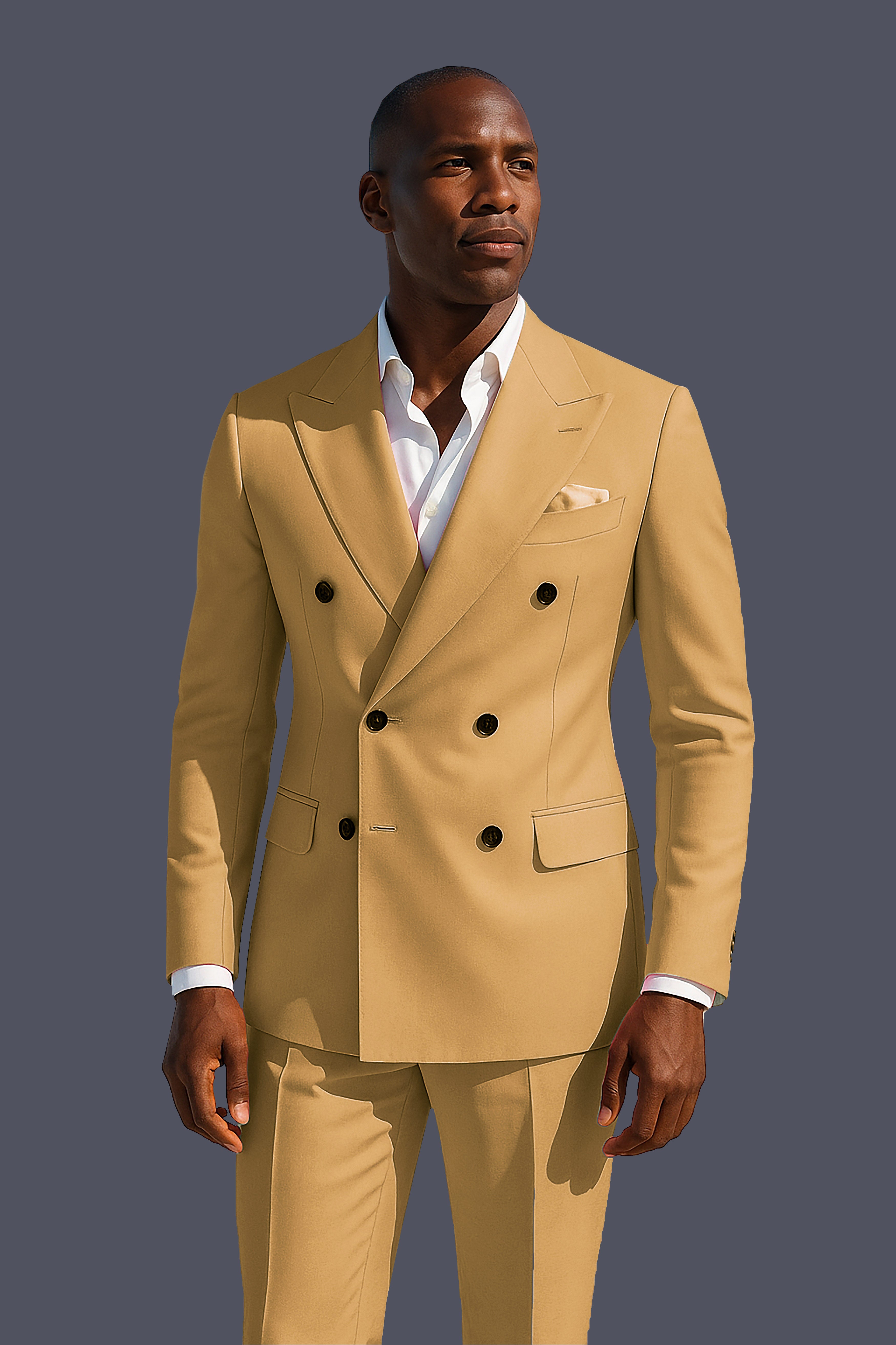 Marula-Desert Yellow Solid Wool Rich Double Breasted Stretchable traveler Suit