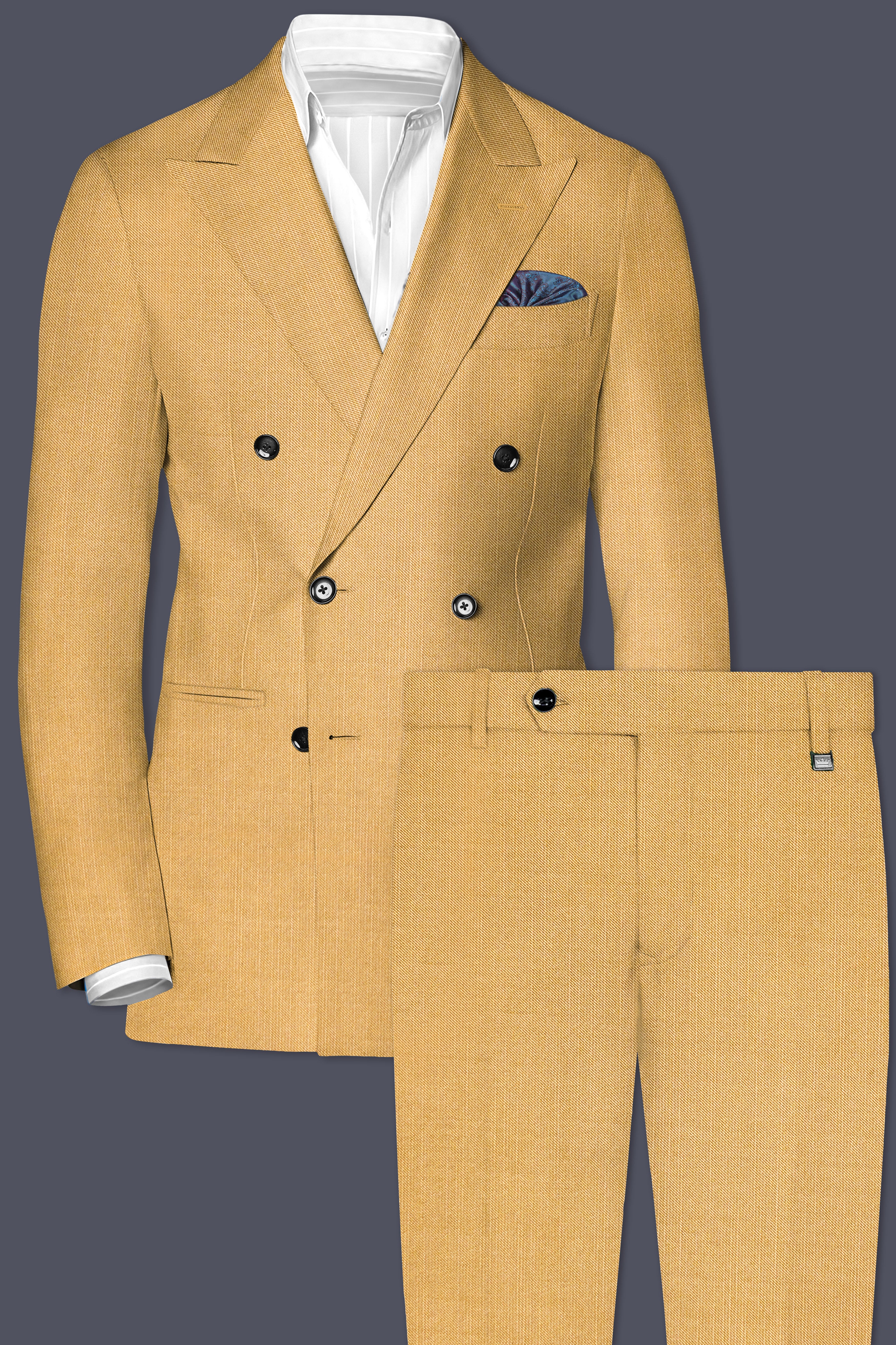 Marula-Desert Yellow Solid Wool Rich Double Breasted Slight Stretch Suit
