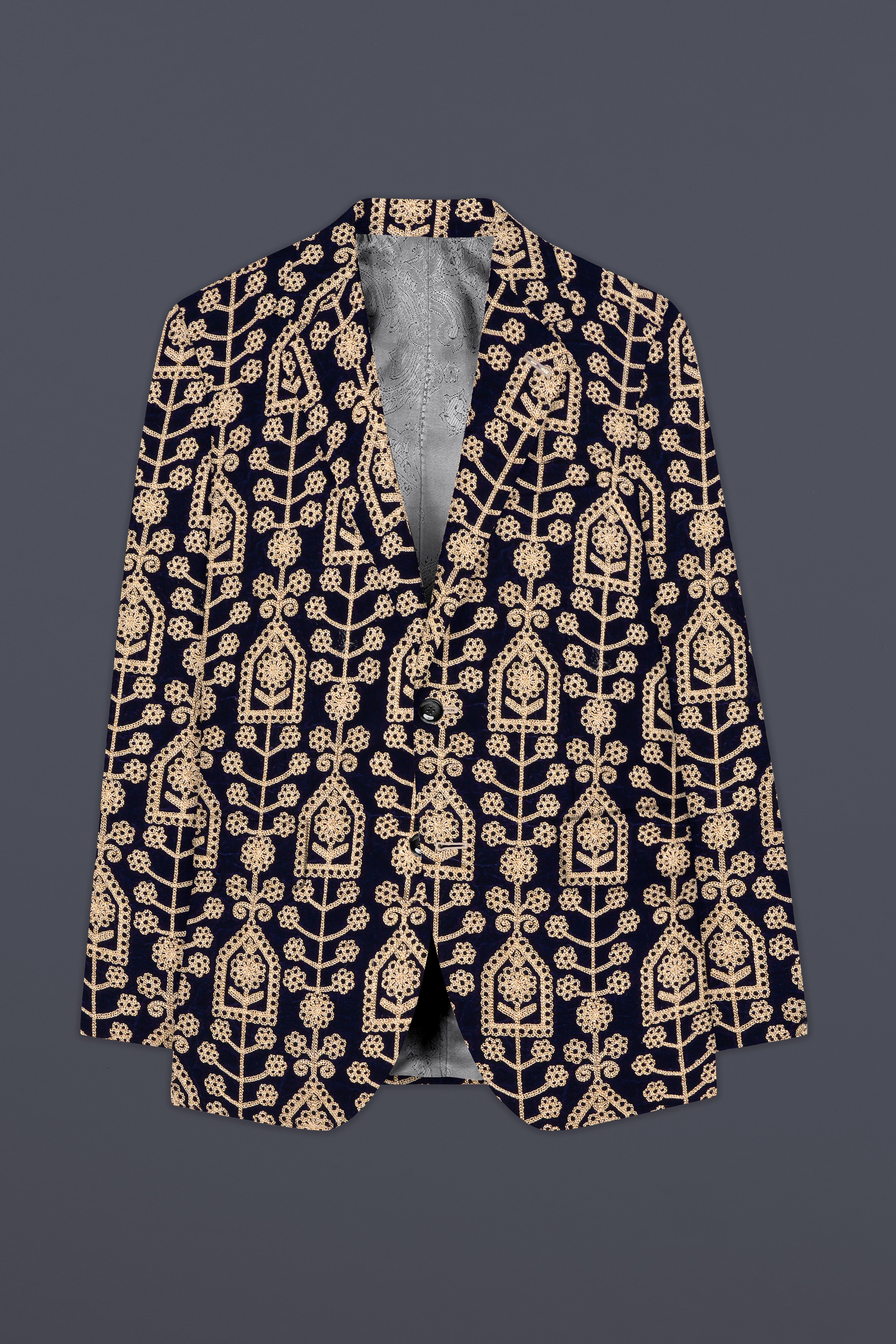 Navy Blue Thread Work Embroidered Velvet Single Breasted Suit