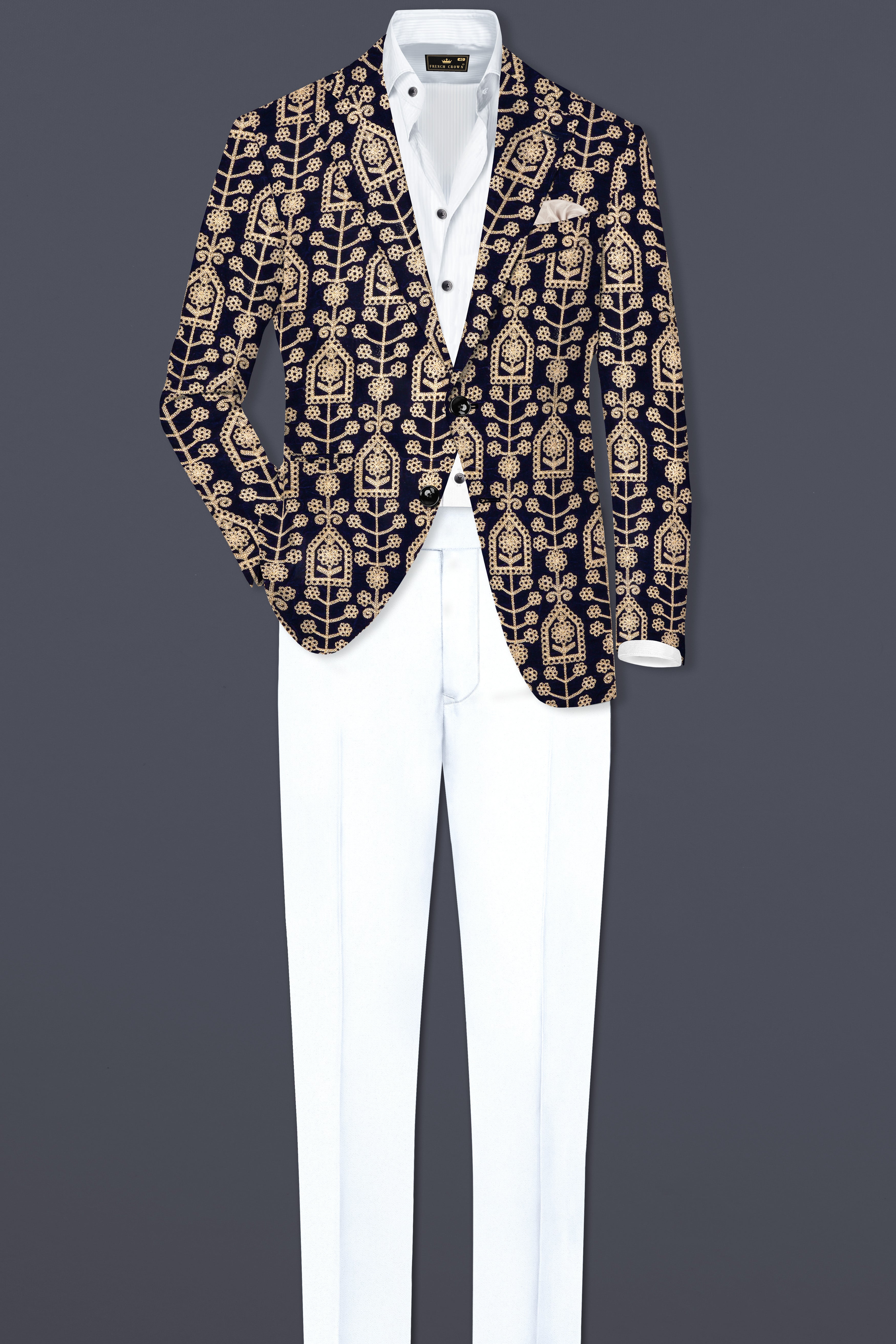 Navy Blue Thread Work Embroidered Velvet Single Breasted Suit