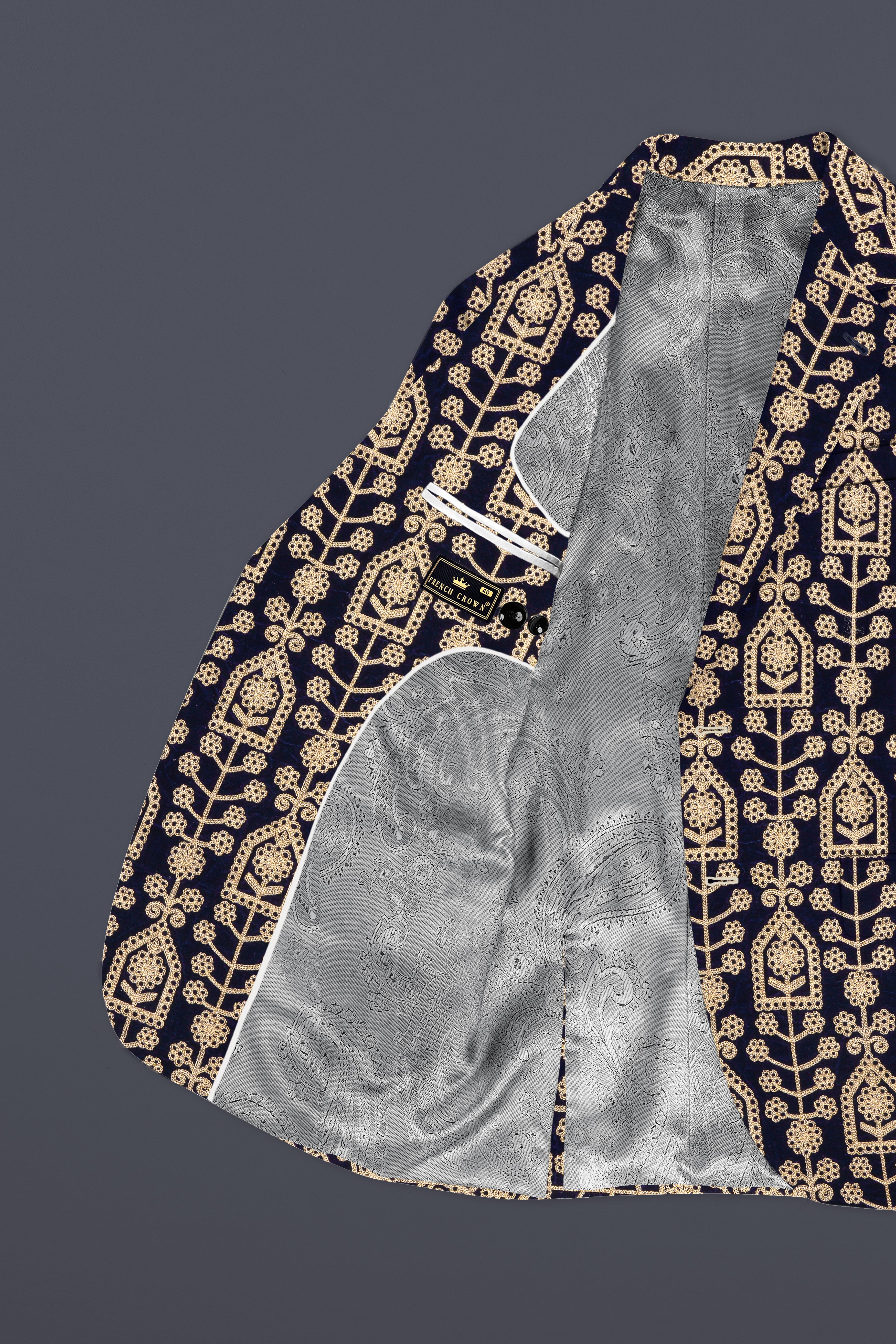 Navy Blue Thread Work Embroidered Velvet Single Breasted Suit