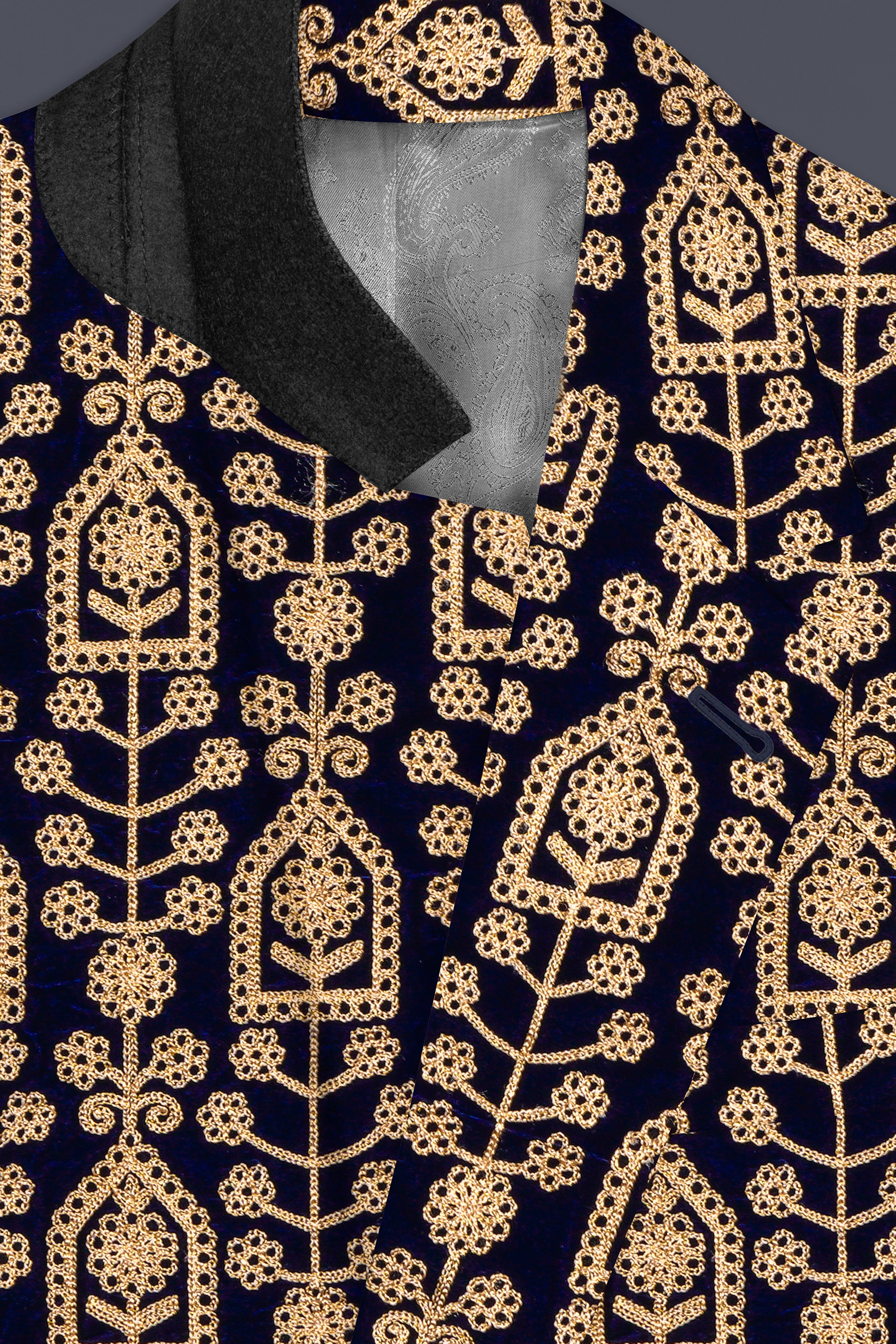 Navy Blue Thread Work Embroidered Velvet Single Breasted Suit