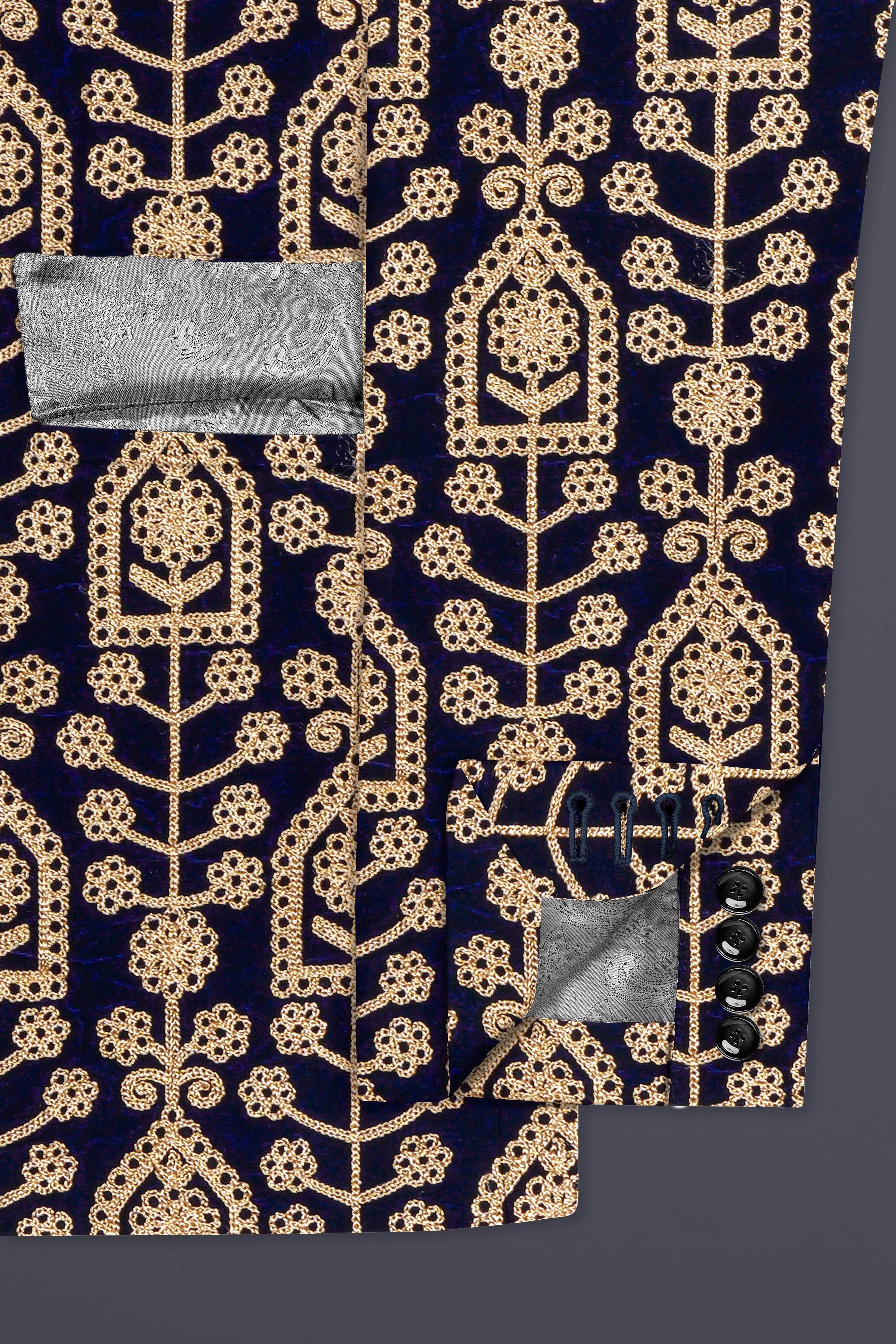 Navy Blue Thread Work Embroidered Velvet Single Breasted Suit