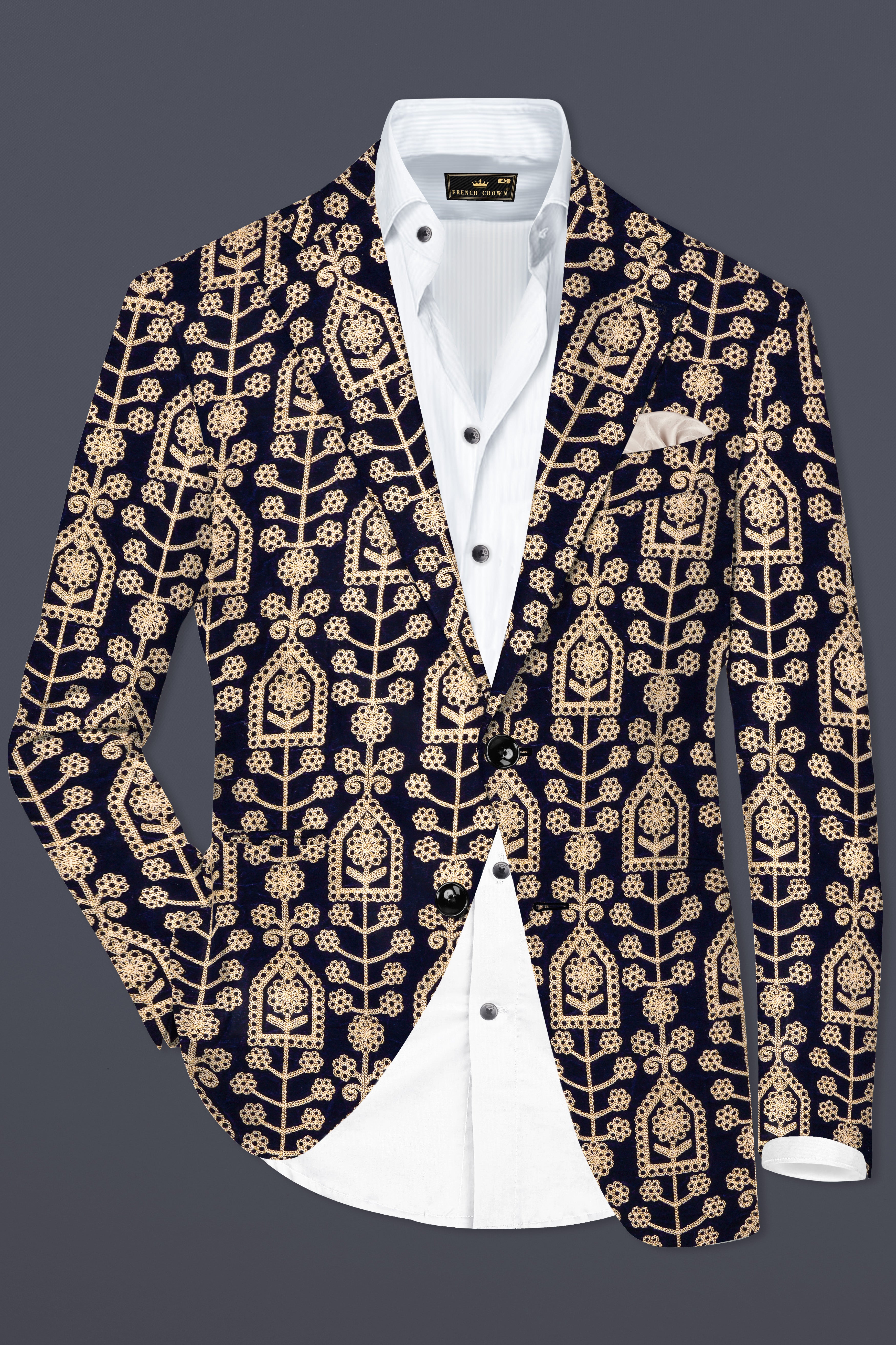 Navy Blue Thread Work Embroidered Velvet Single Breasted Suit