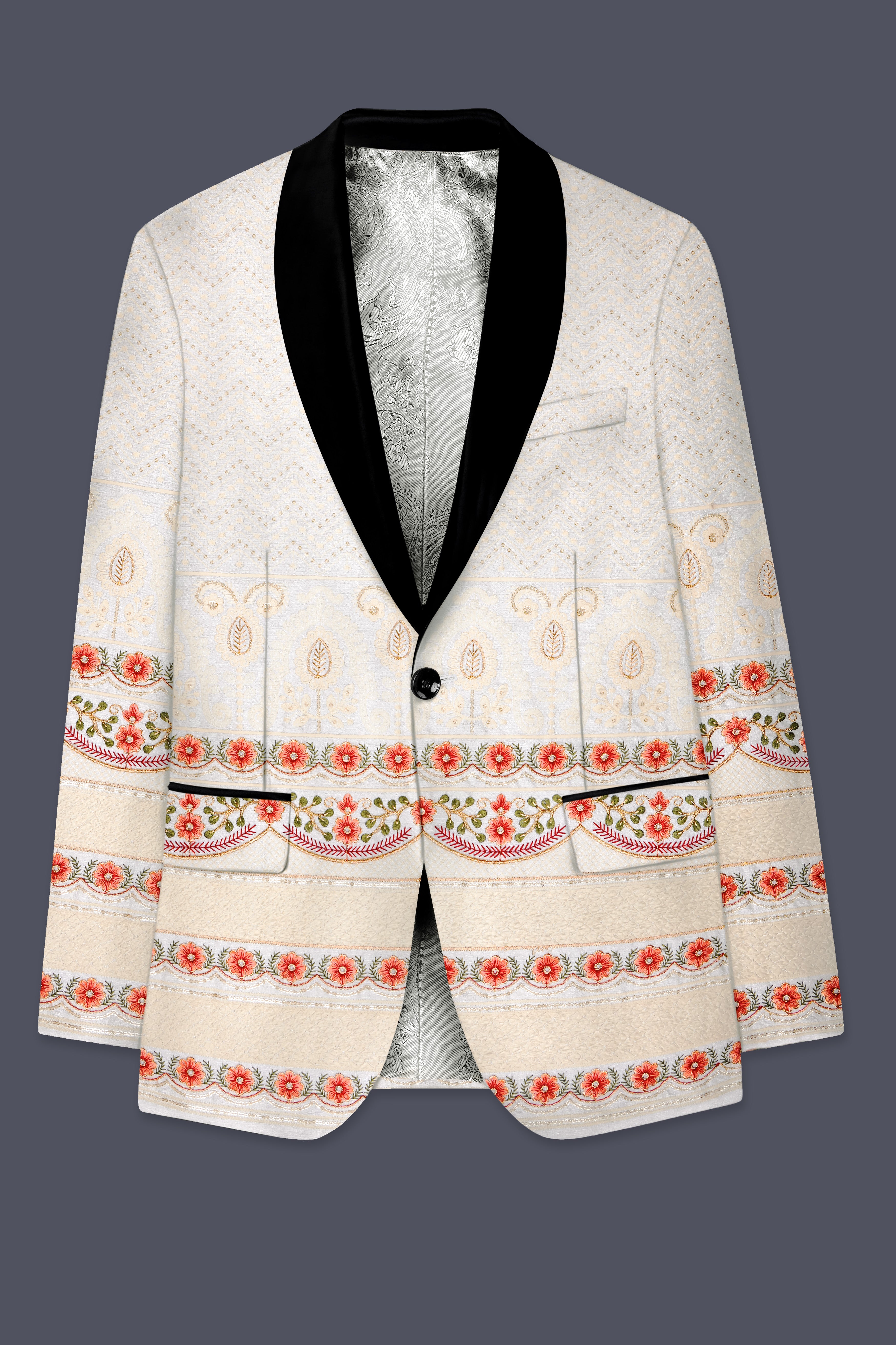 Off White And ApricotPeach Multicolor Sequin and thread Embroidered Tuxedo Suit