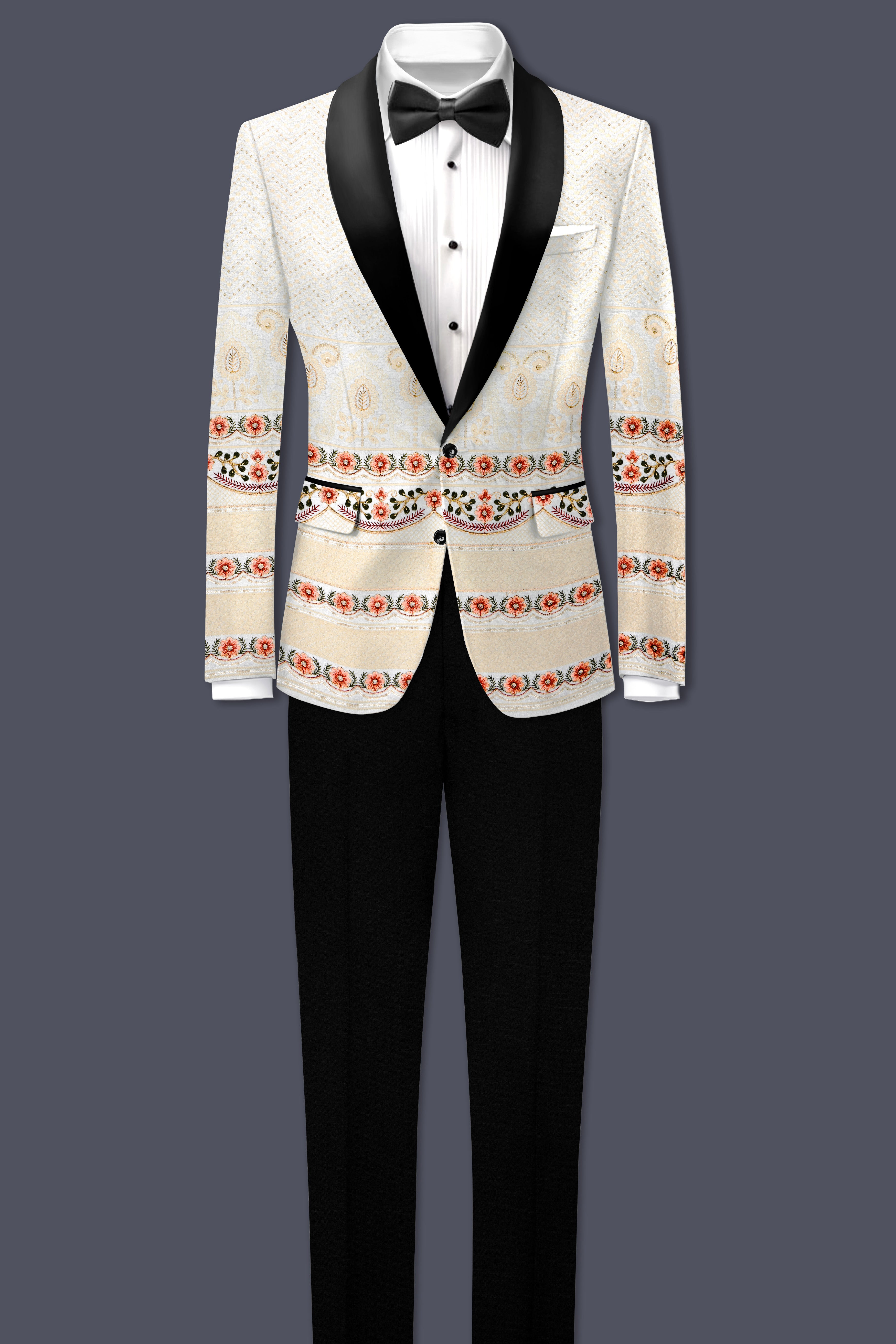 Off White And ApricotPeach Multicolor Sequin and thread Embroidered Tuxedo Suit