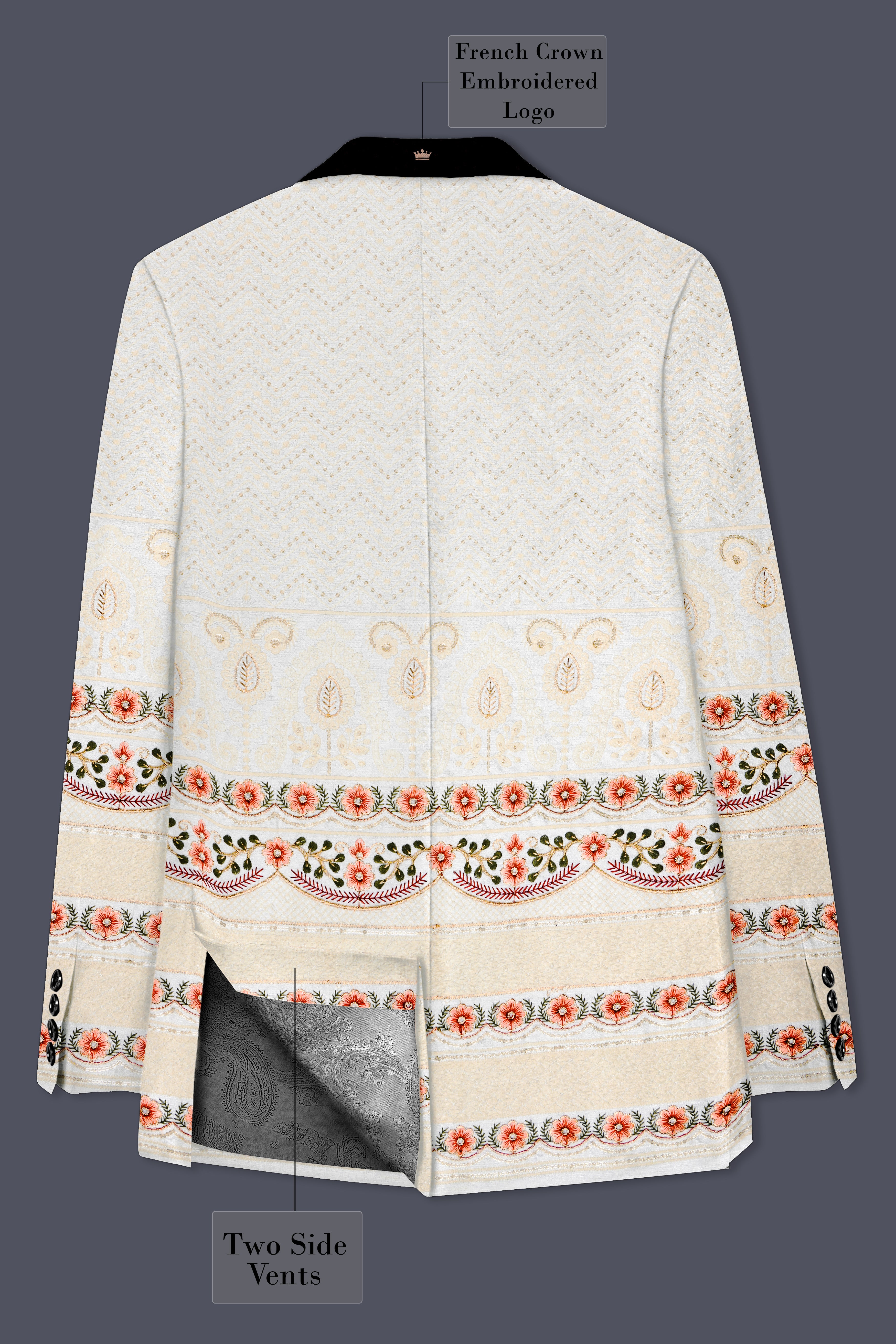 Off White And ApricotPeach Multicolor Sequin and thread Embroidered Tuxedo Suit