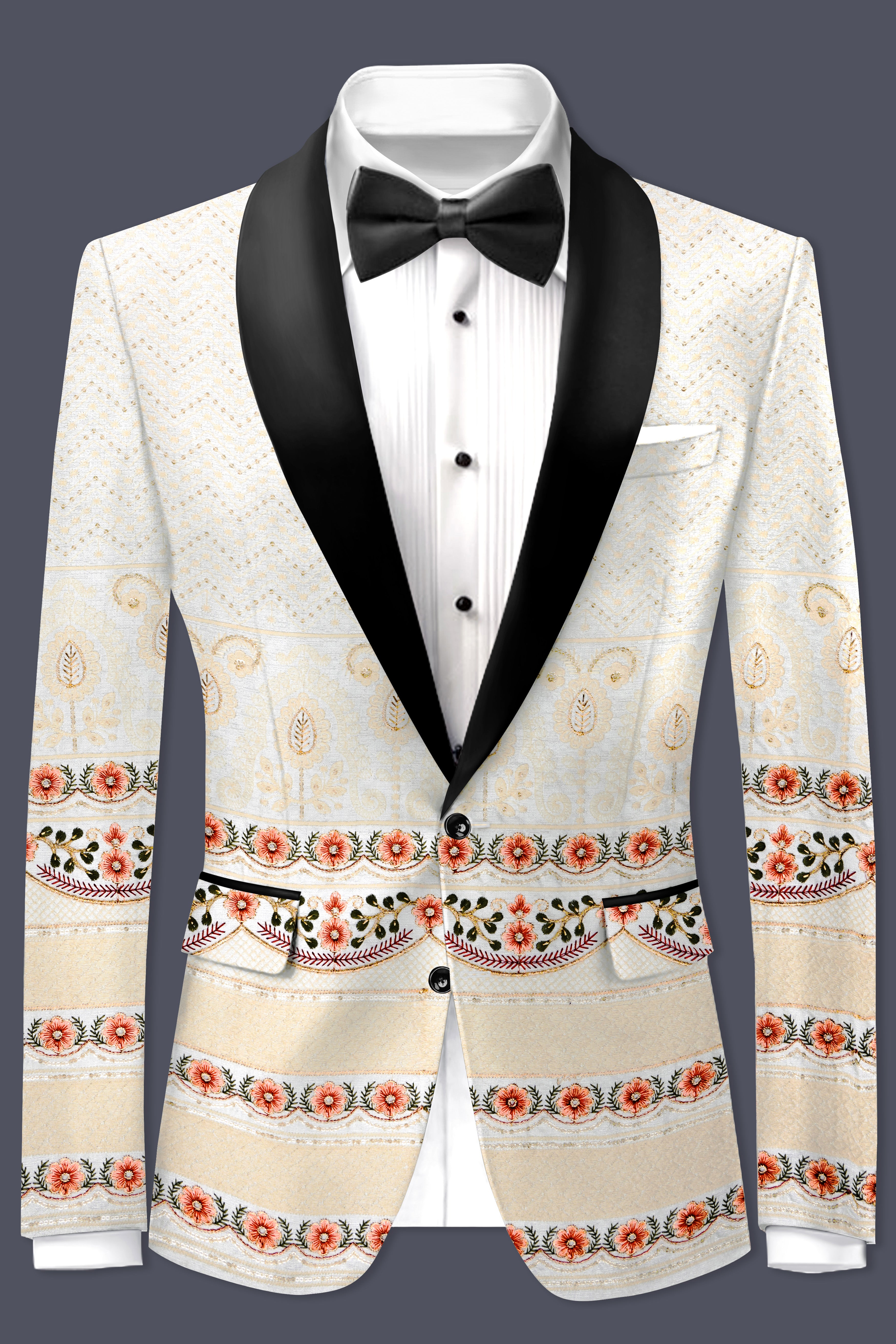 Off White And ApricotPeach Multicolor Sequin and thread Embroidered Tuxedo Suit