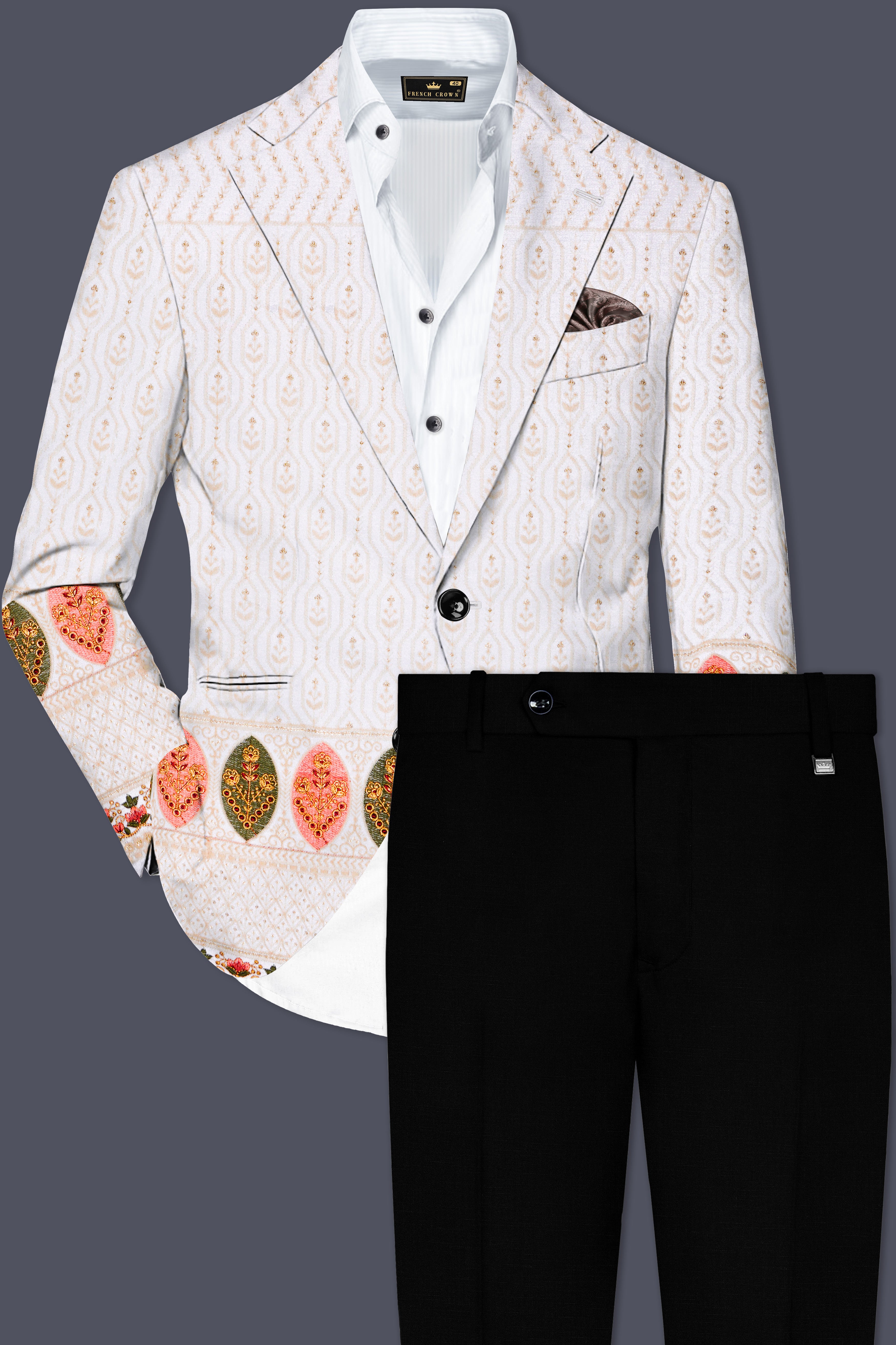 Bright White And Blush Peach Multicolor Sequin and thread leaf Embroidered Single Breasted Suit