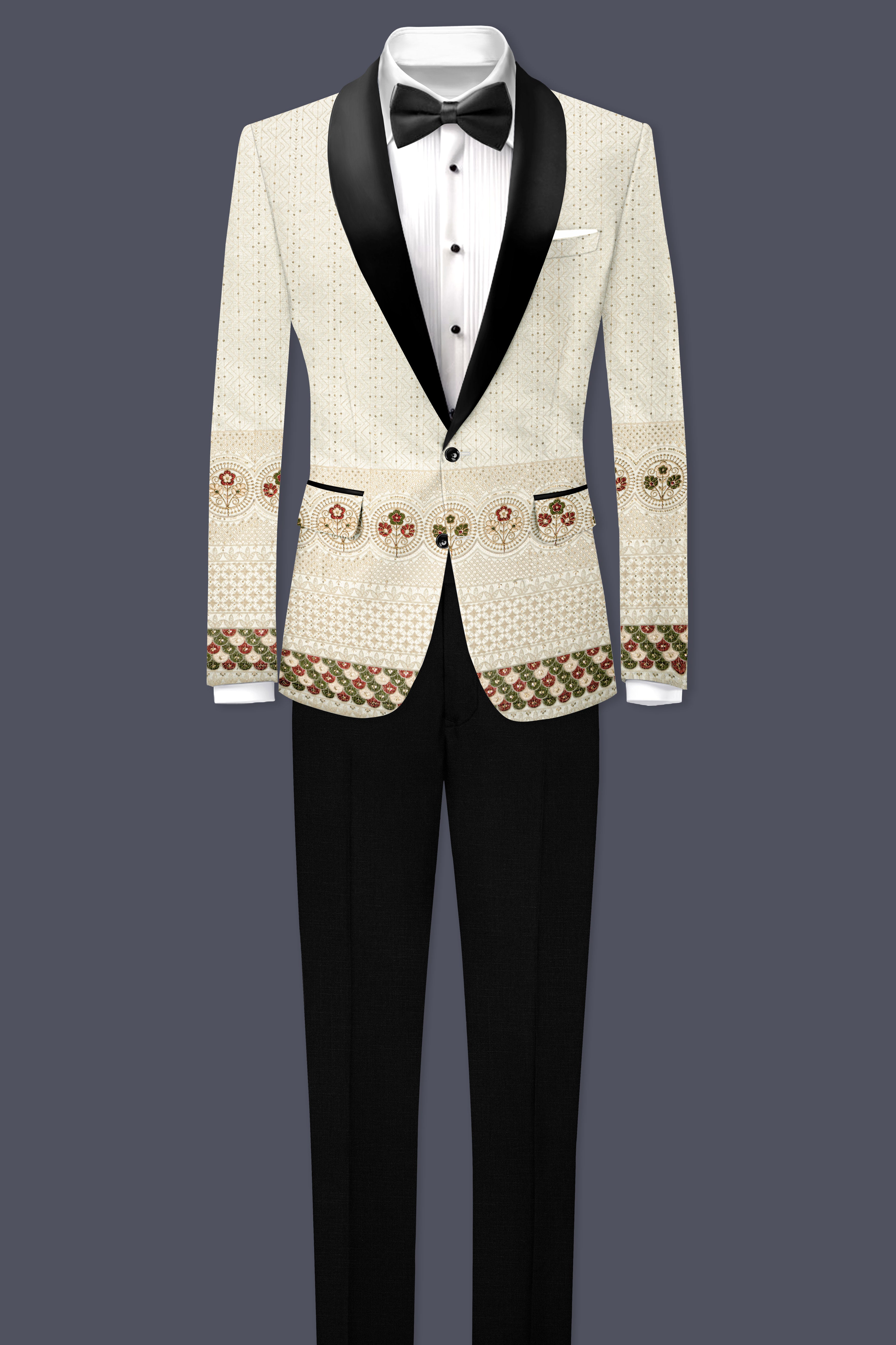Off White And Blush Peach Multicolor Sequin and thread Embroidered Tuxedo Suit