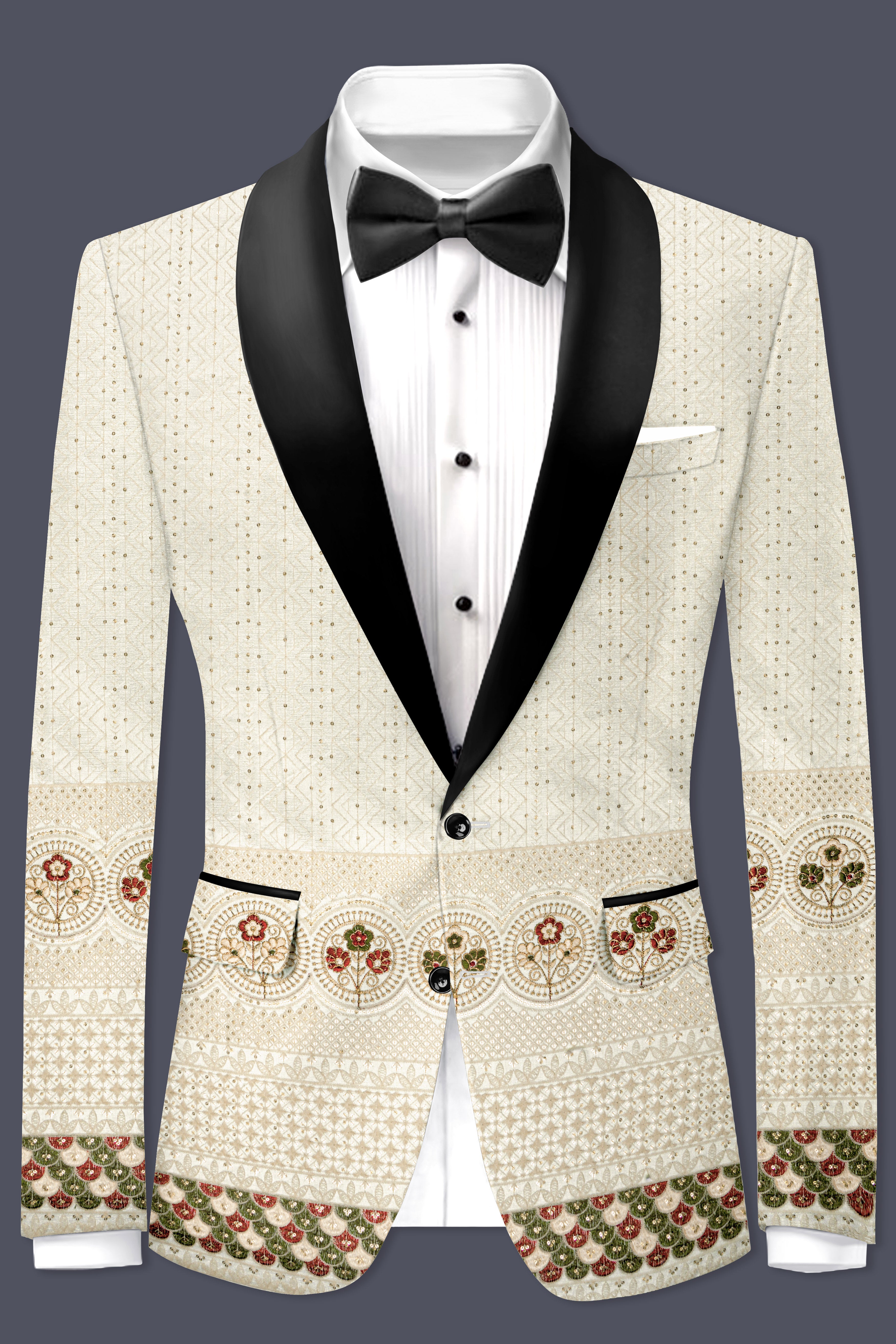 Off White And Blush Peach Multicolor Sequin and thread Embroidered Tuxedo Suit