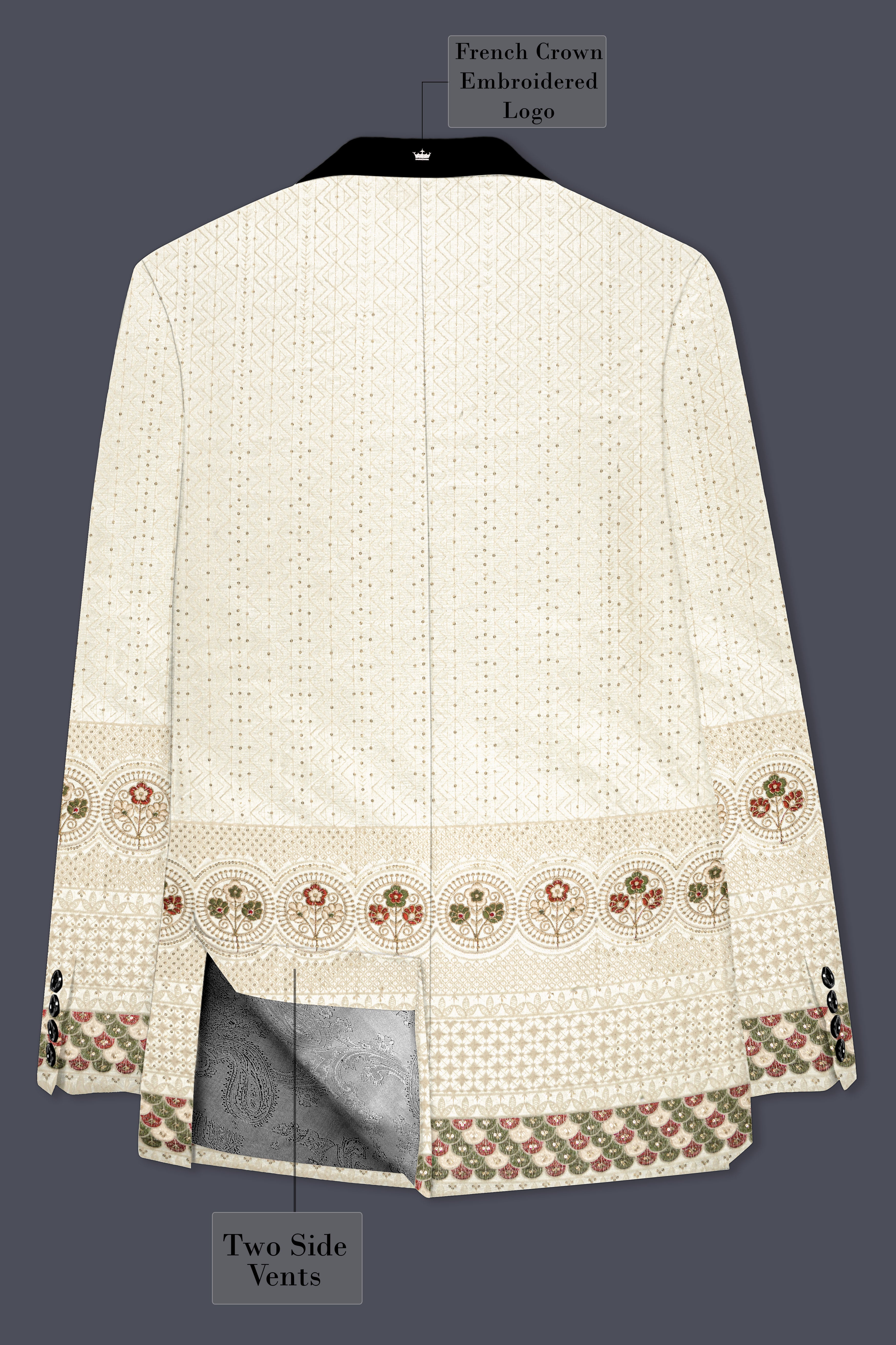 Off White And Blush Peach Multicolor Sequin and thread Embroidered Tuxedo Suit