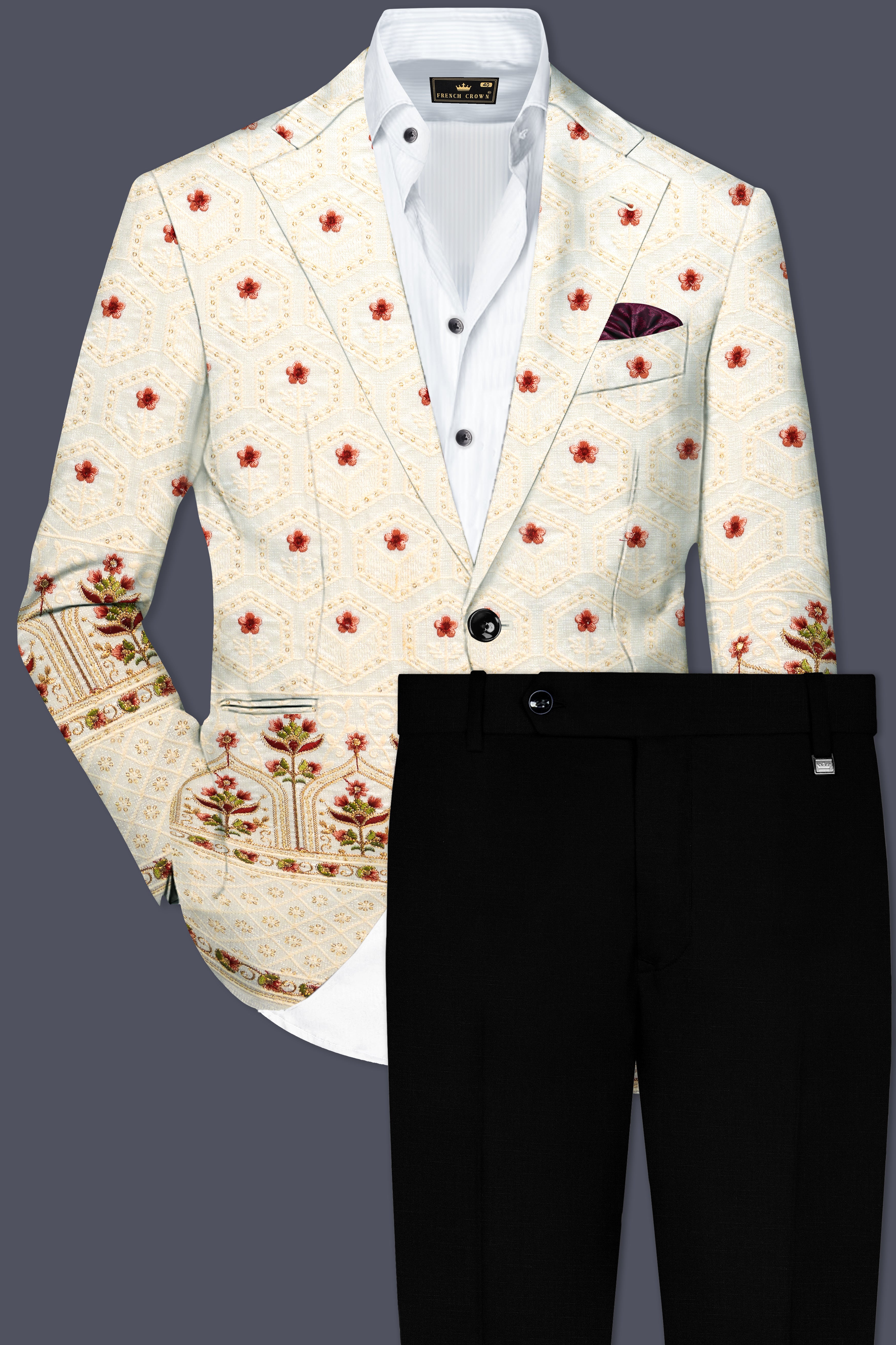 Off White And Saratoga Green Multicolor Sequin and thread Embroidered Single Breasted Suit