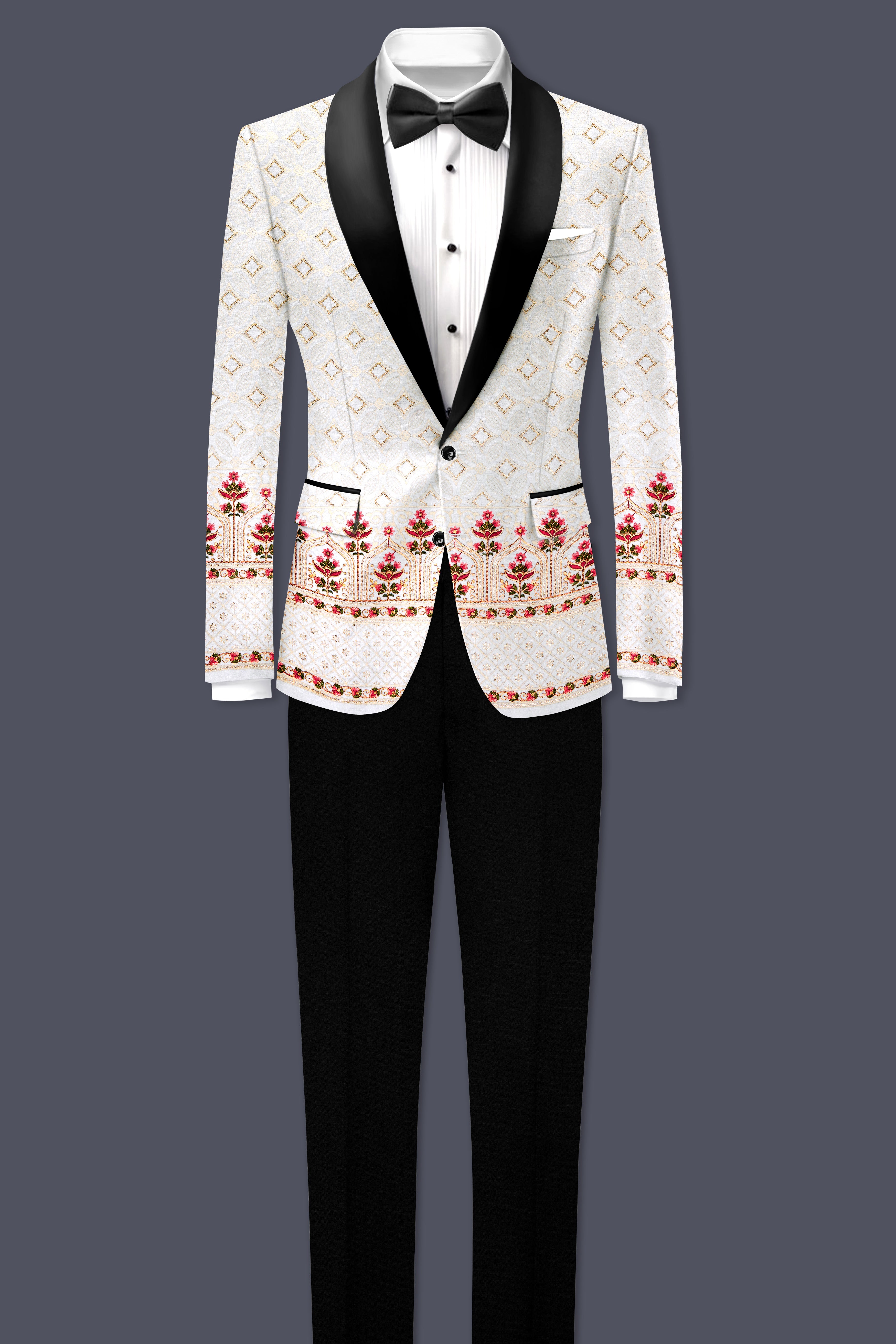 Bright White And Carnation Pink Multicolor Sequin and thread Embroidered Tuxedo Suit