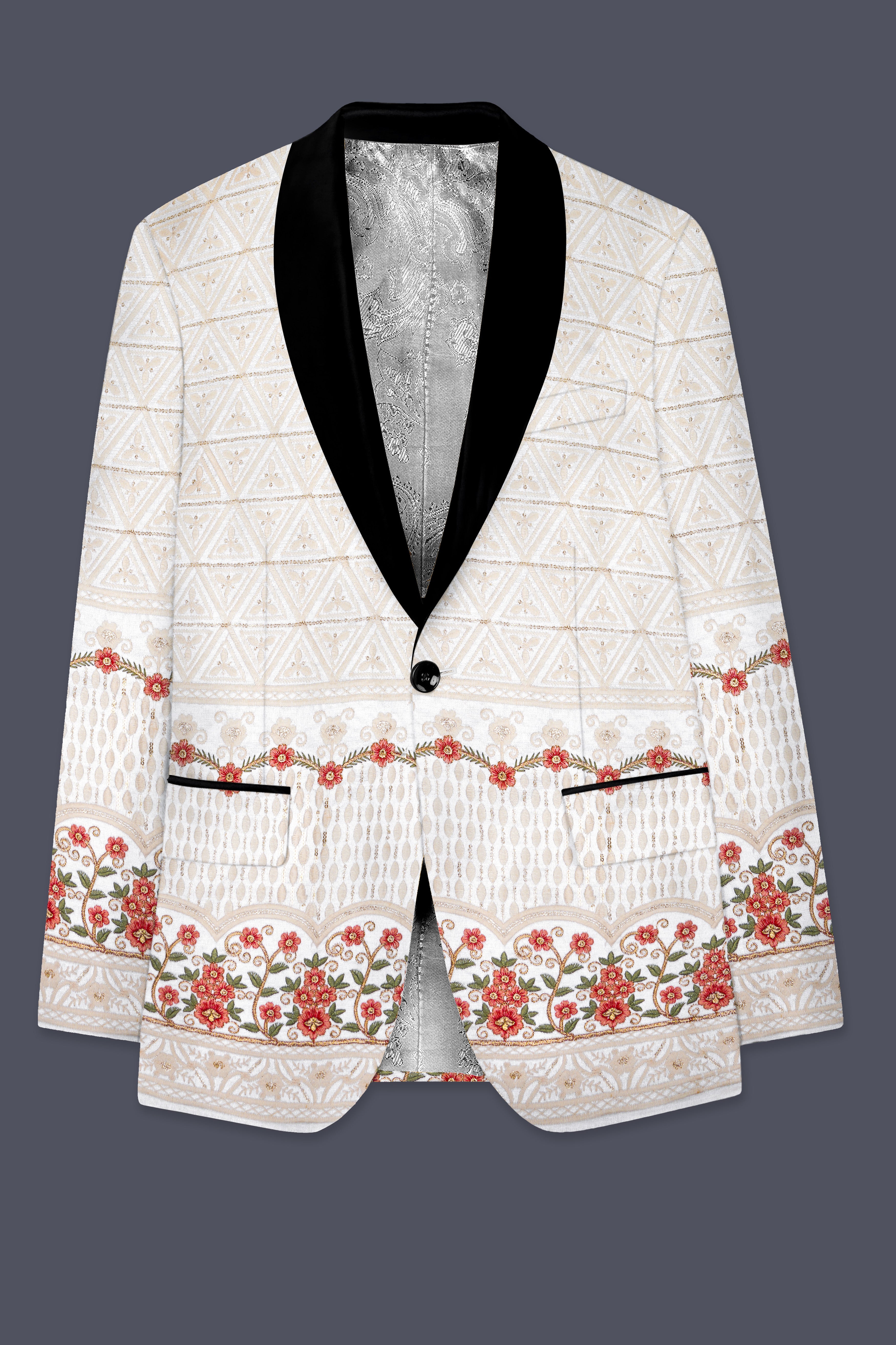 Bright White And Apricot Peach Multicolor Sequin and thread Embroidered Tuxedo Suit