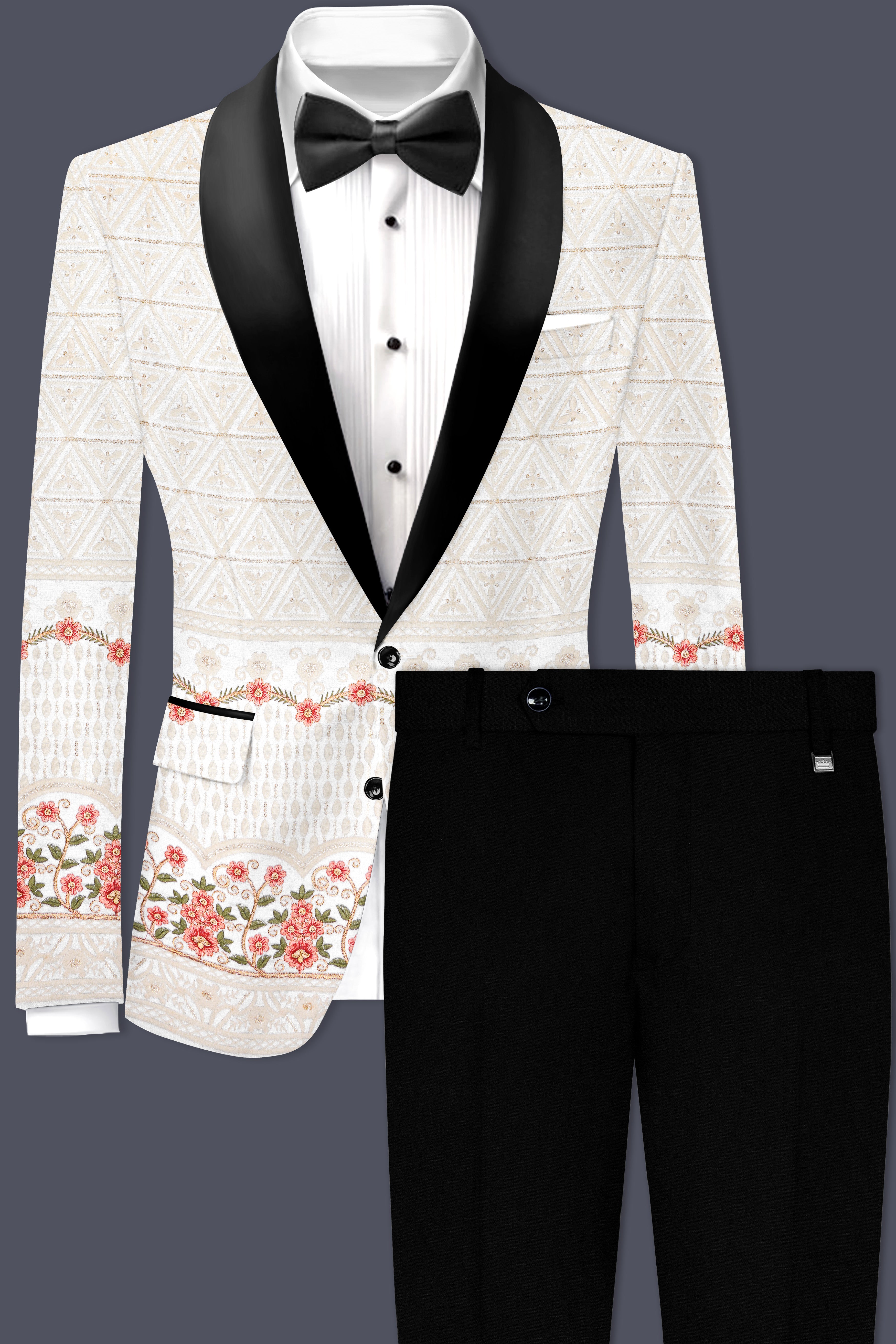 Bright White And Apricot Peach Multicolor Sequin and thread Embroidered Tuxedo Suit