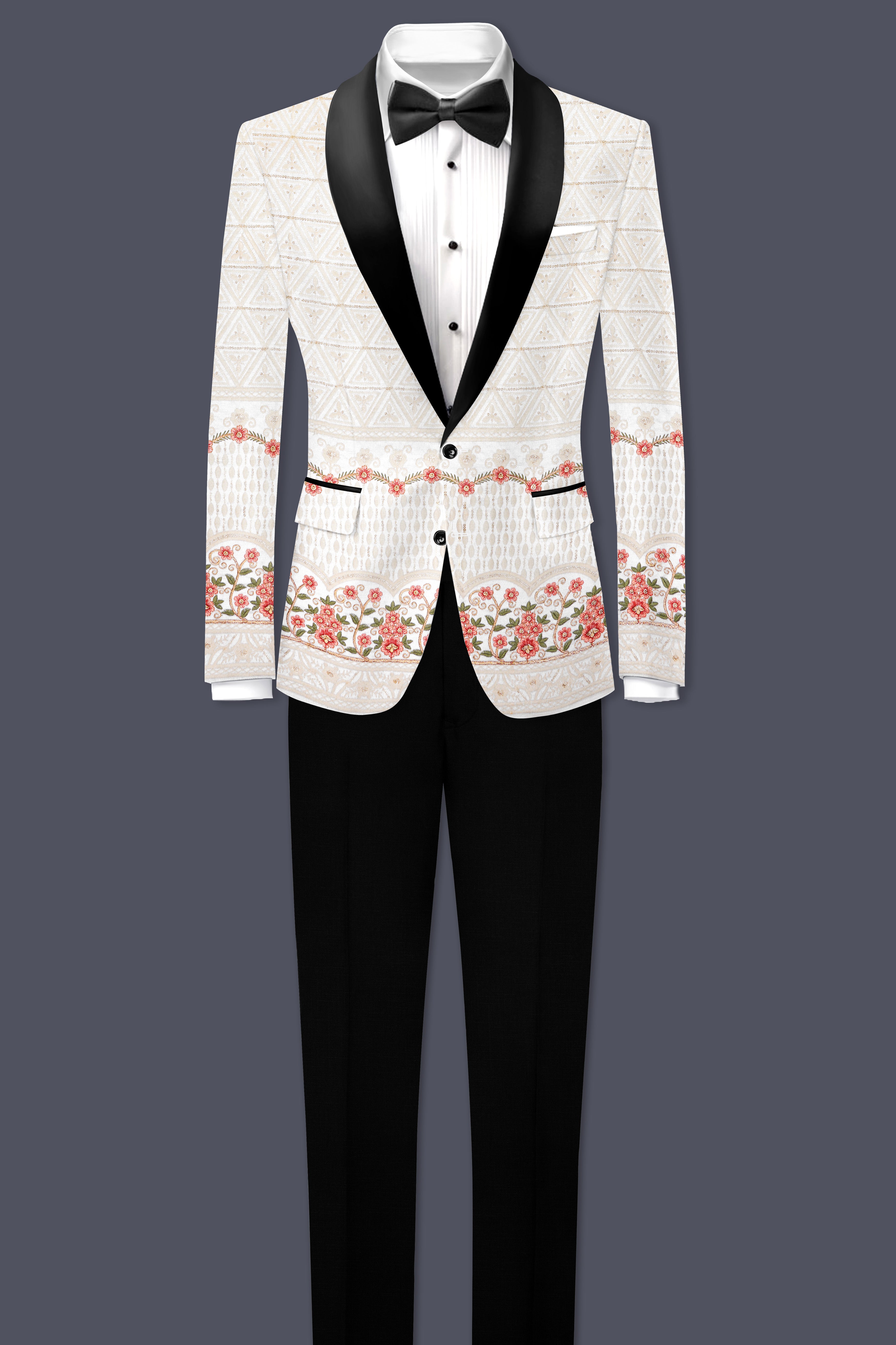 Bright White And Apricot Peach Multicolor Sequin and thread Embroidered Tuxedo Suit