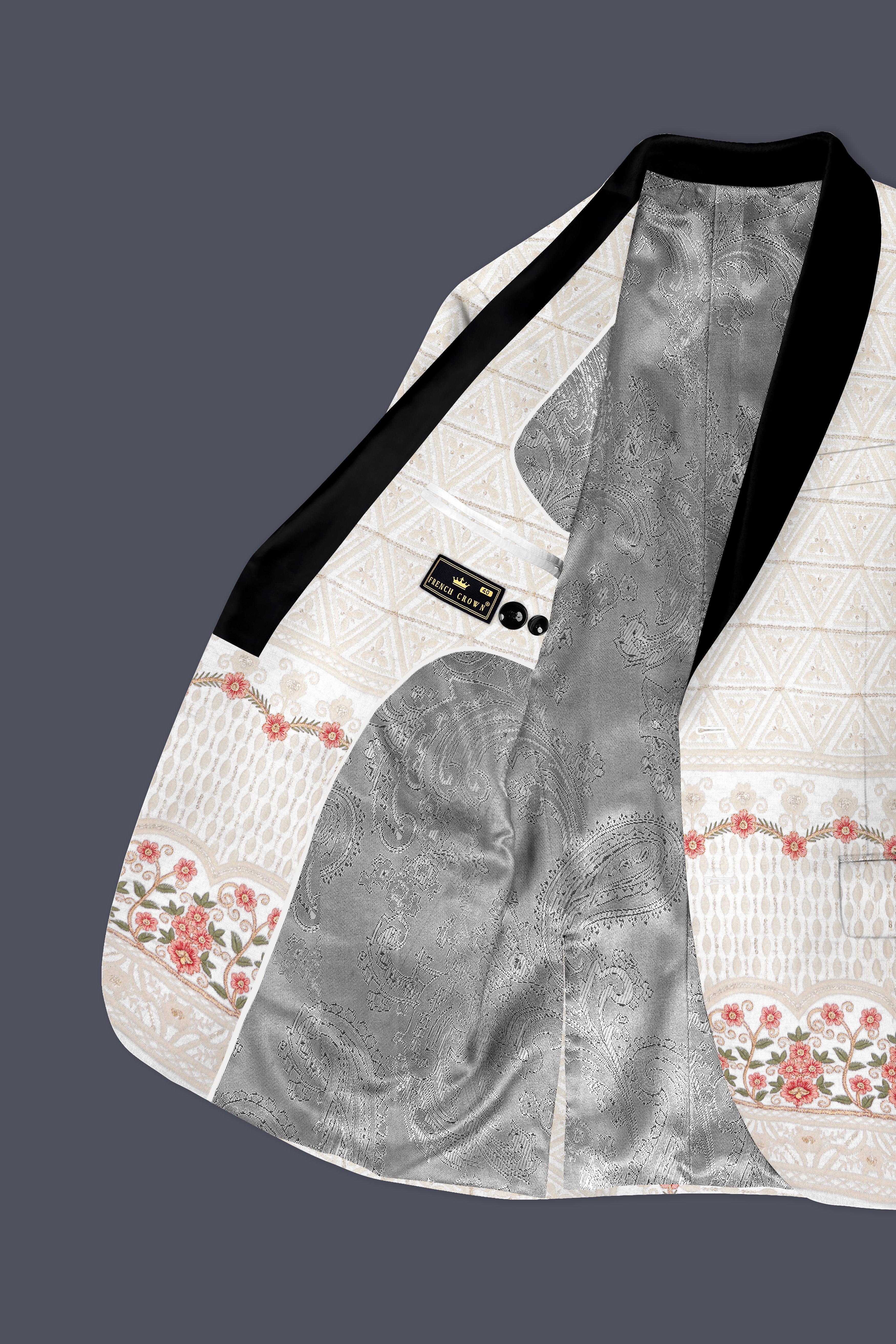 Bright White And Apricot Peach Multicolor Sequin and thread Embroidered Tuxedo Suit