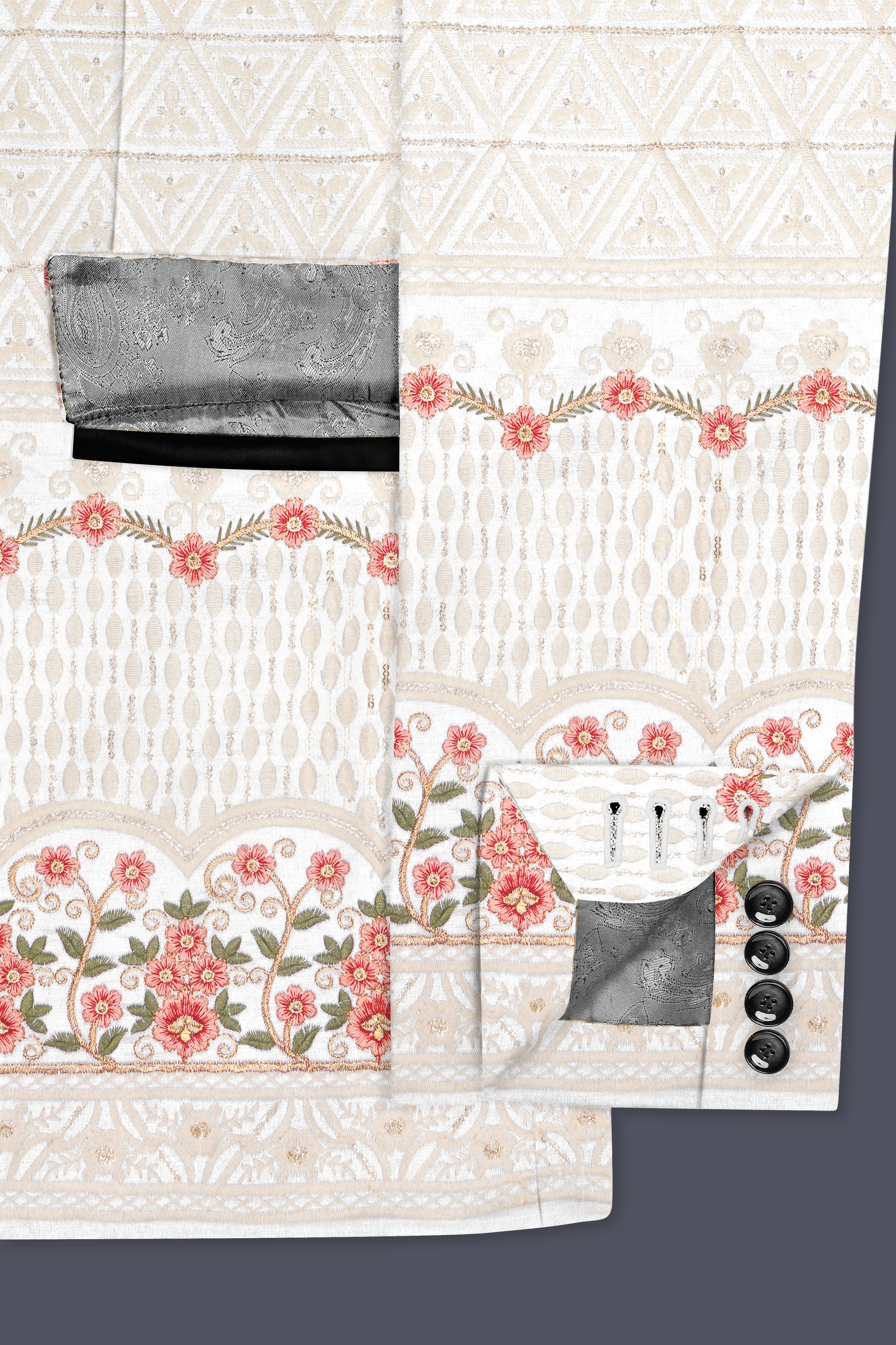 Bright White And Apricot Peach Multicolor Sequin and thread Embroidered Tuxedo Suit